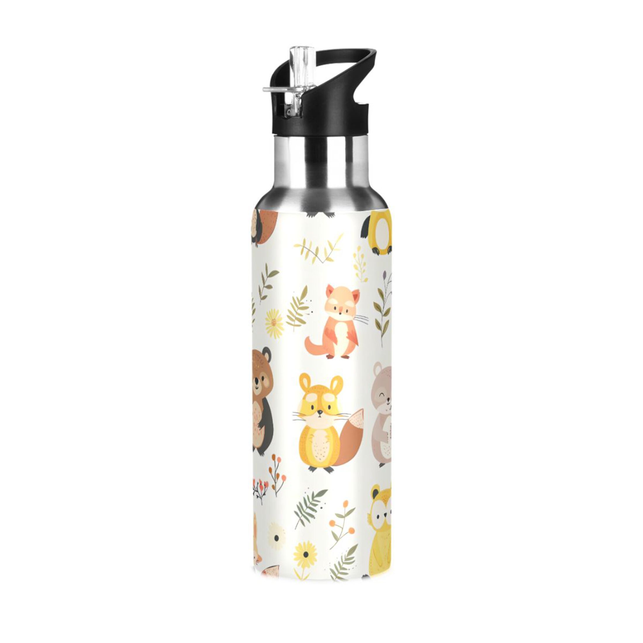 Cartoon Fox Rabbit Animals Water Bottles Insulated Thermos Kids Stainless Steel Bottle with Straw Lid Flask Leakproof for Sports Gym 20 oz