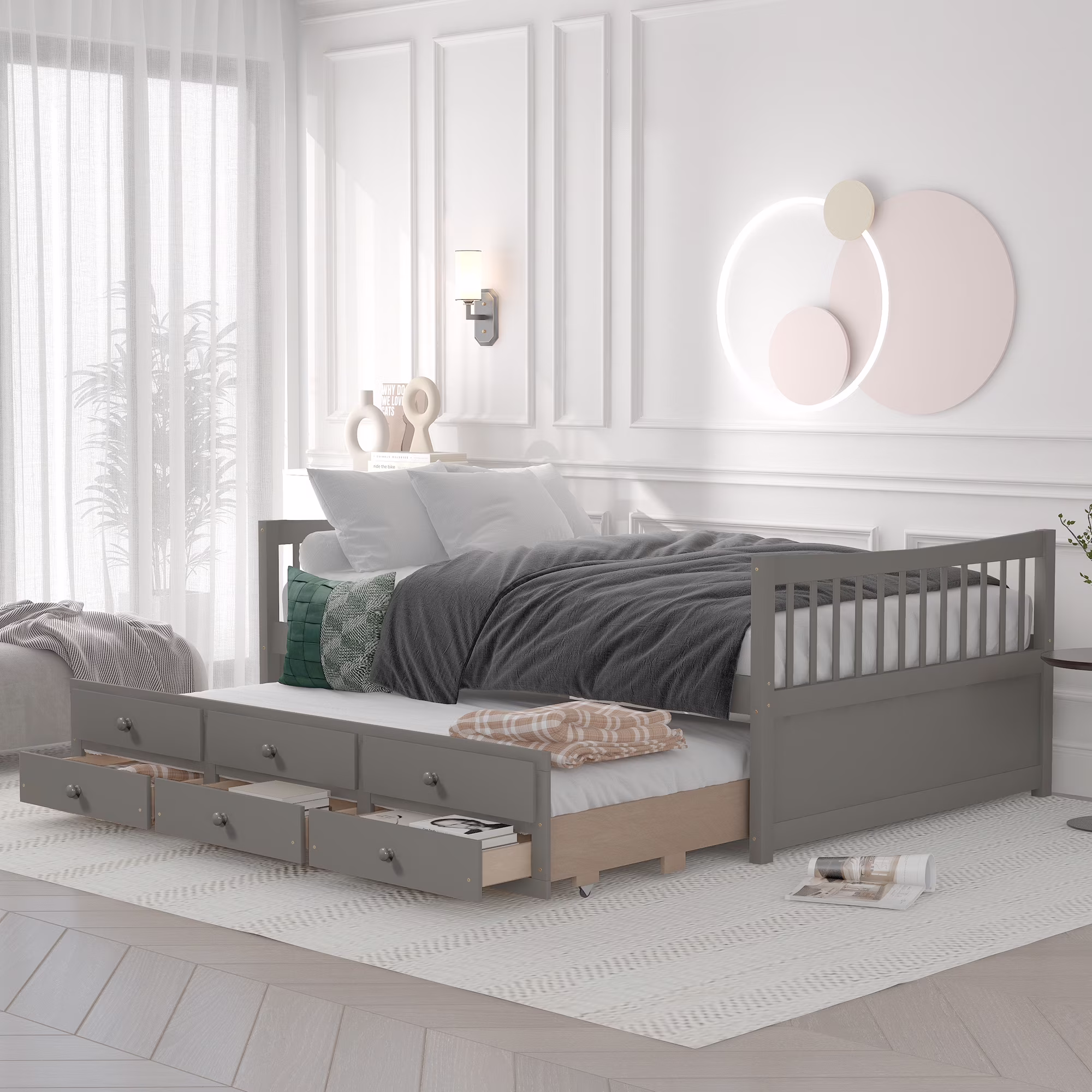 CoSoTower Full Size Daybed With Twin Size Trundle And Drawers, Full Size, Gray