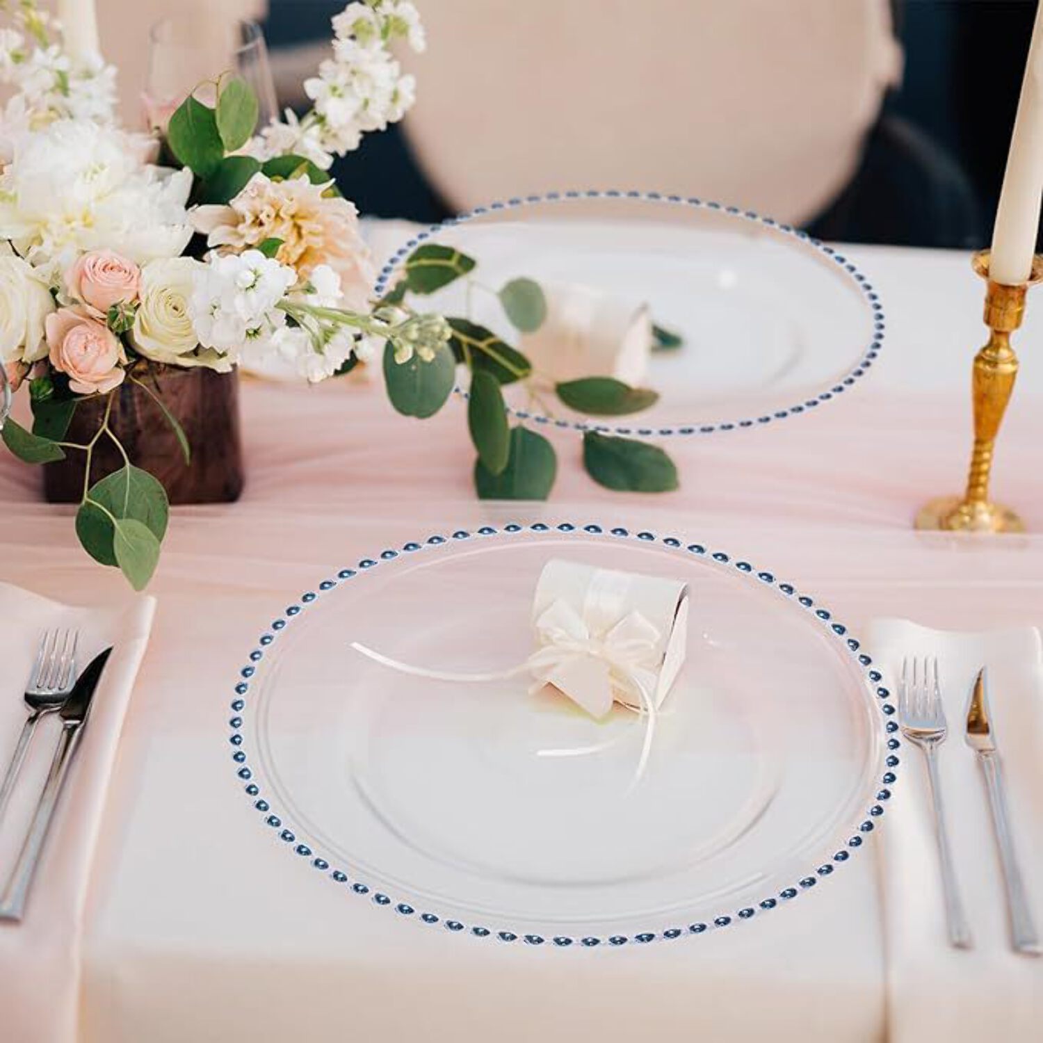 8 Pack | Blue Beaded Clear Glass Charger Plates