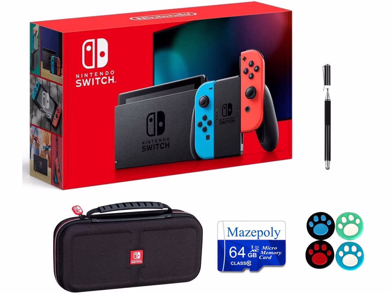Nintendo Switch Bundle: Nintendo Switch 32GB Console with Neon Red and Blue Joy-Con,Travel Case with Mazepoly Accessories