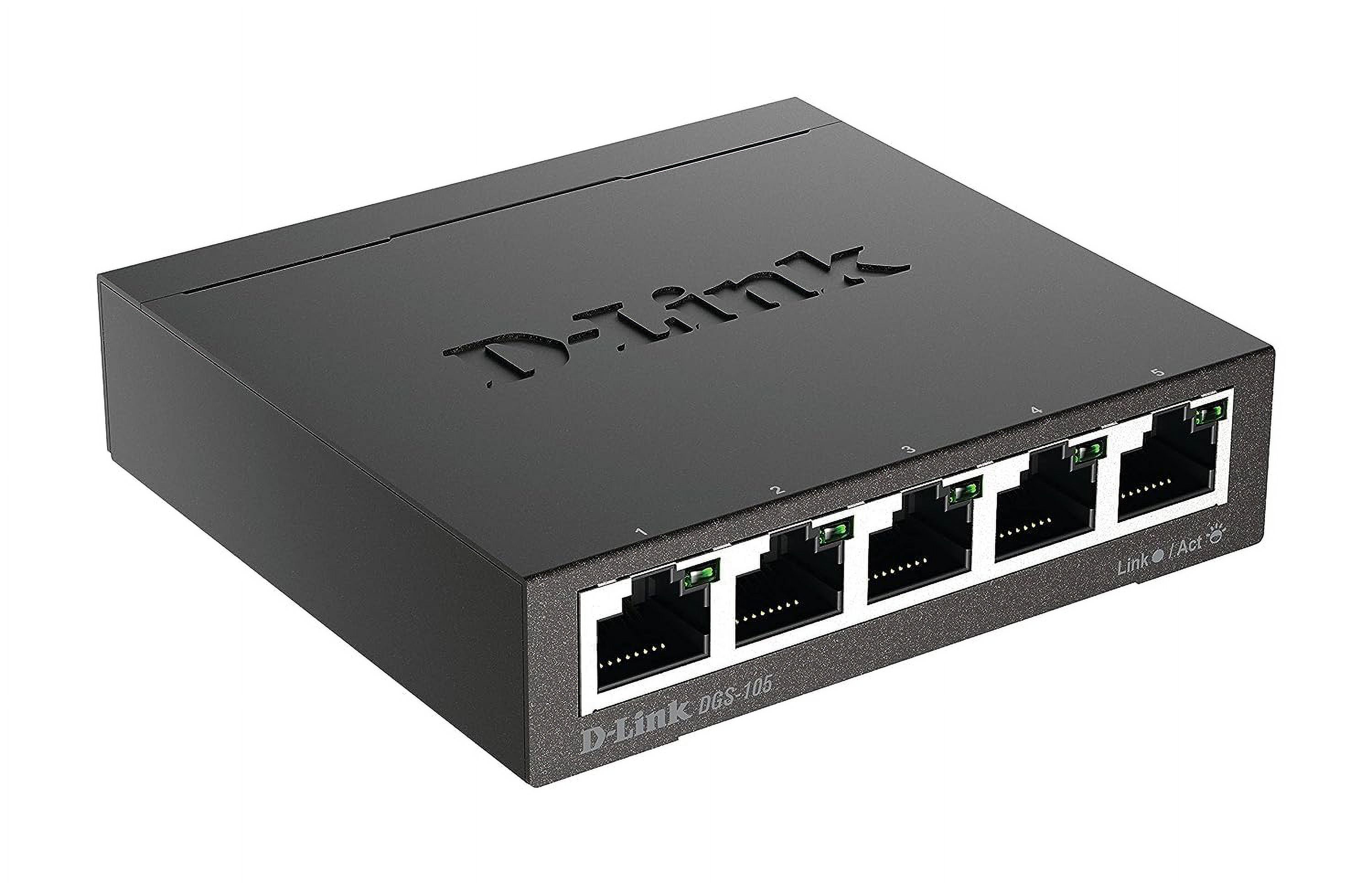 D-Link Ethernet Switch, 5 Port Gigabit Unmanaged Metal Desktop Plug and Play Compact (DGS-105),Black