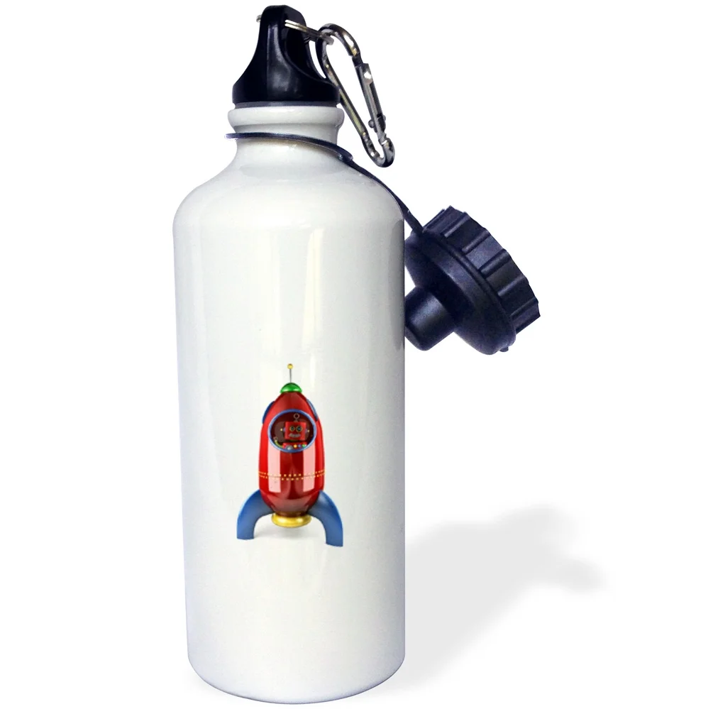 Excited vintage toy robot waving from inside a spaceship space ship rocket cute funny 21 oz Sports Water Bottle wb-158024-1