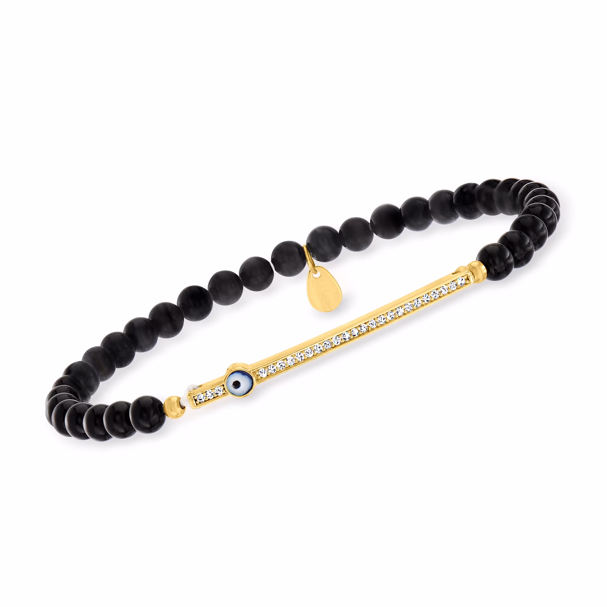Ross-Simons 3.8-4.5mm Black Onyx Bead and .10 ct. t.w. CZ Evil Eye Stretch Bracelet in 18kt Gold Over Sterling, Women's, Adult