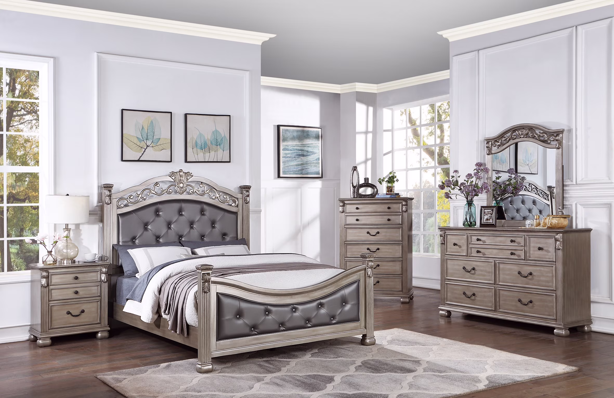 Bedroom Transitional Formal Queen Bed Posts HB FB 4pc Set Dresser Mirror Nightstand Wooden Furniture