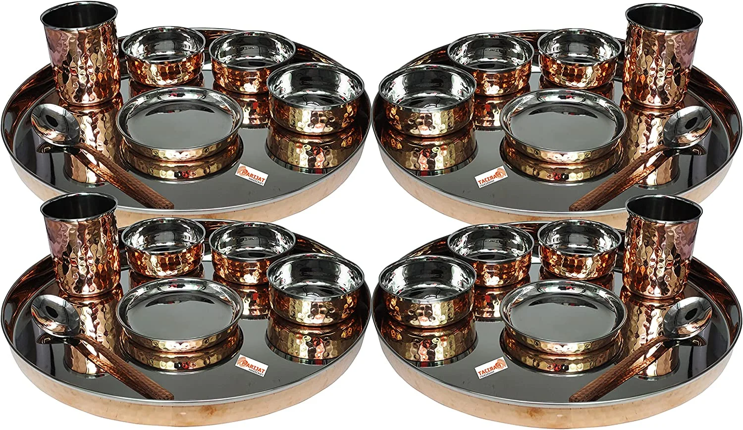 Indian dinnerware 25-Piece Set Stainless Steel Copper Traditional Dinner Set of thali Plate, Bowls, Tumbler and Spoon, Diameter 13 inch