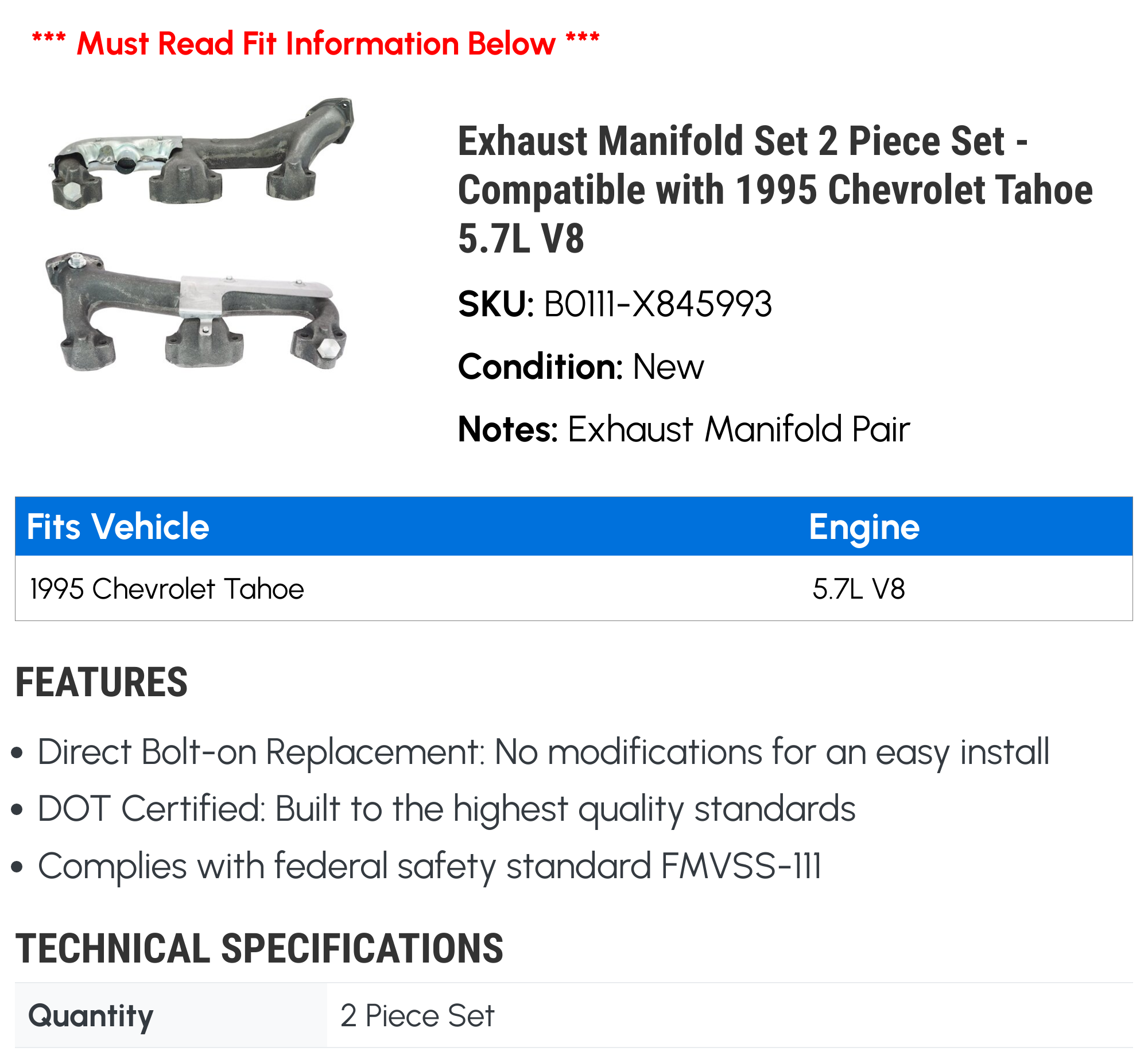 Exhaust Manifold Set 2 Piece Set - Compatible with 1995 Chevy Tahoe 5.7L V8