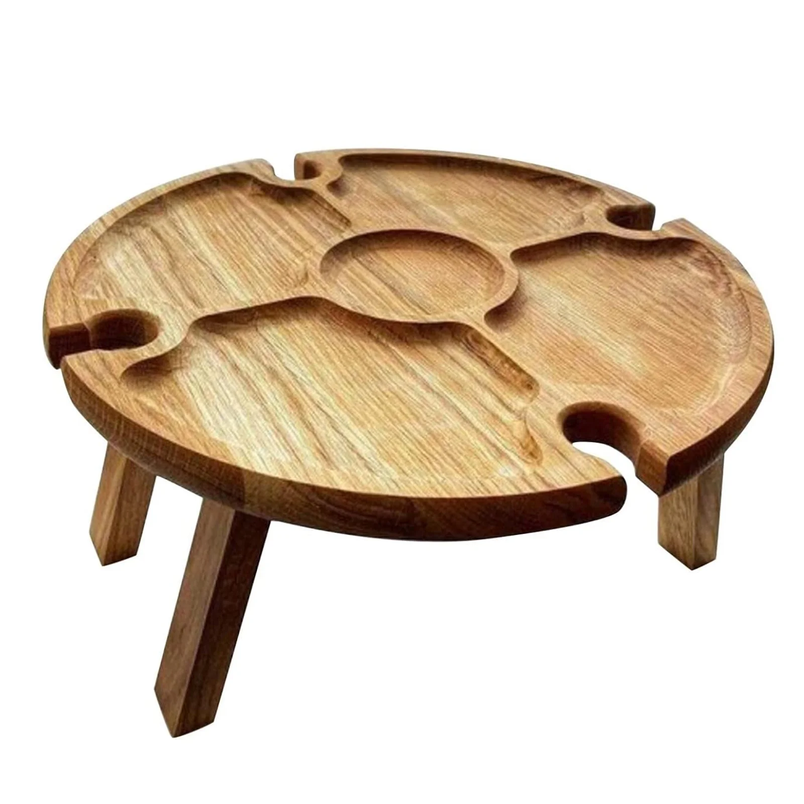 Herdignity Wooden Collapsible Table with Grooves for Goblets, Round Shape Folding Table for Picnic/ Camping
