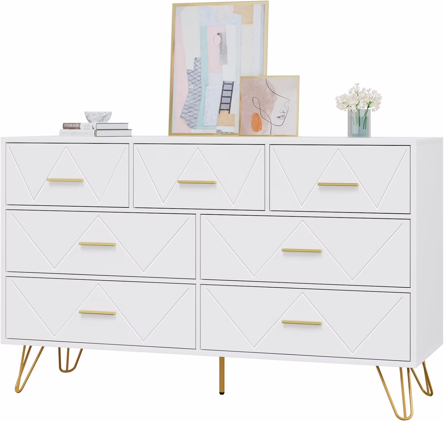 White Dresser, 7 Drawer Dresser with Metal Handles, Modern Dressers & Chest of Drawers, Wood Dresser for Bedroom