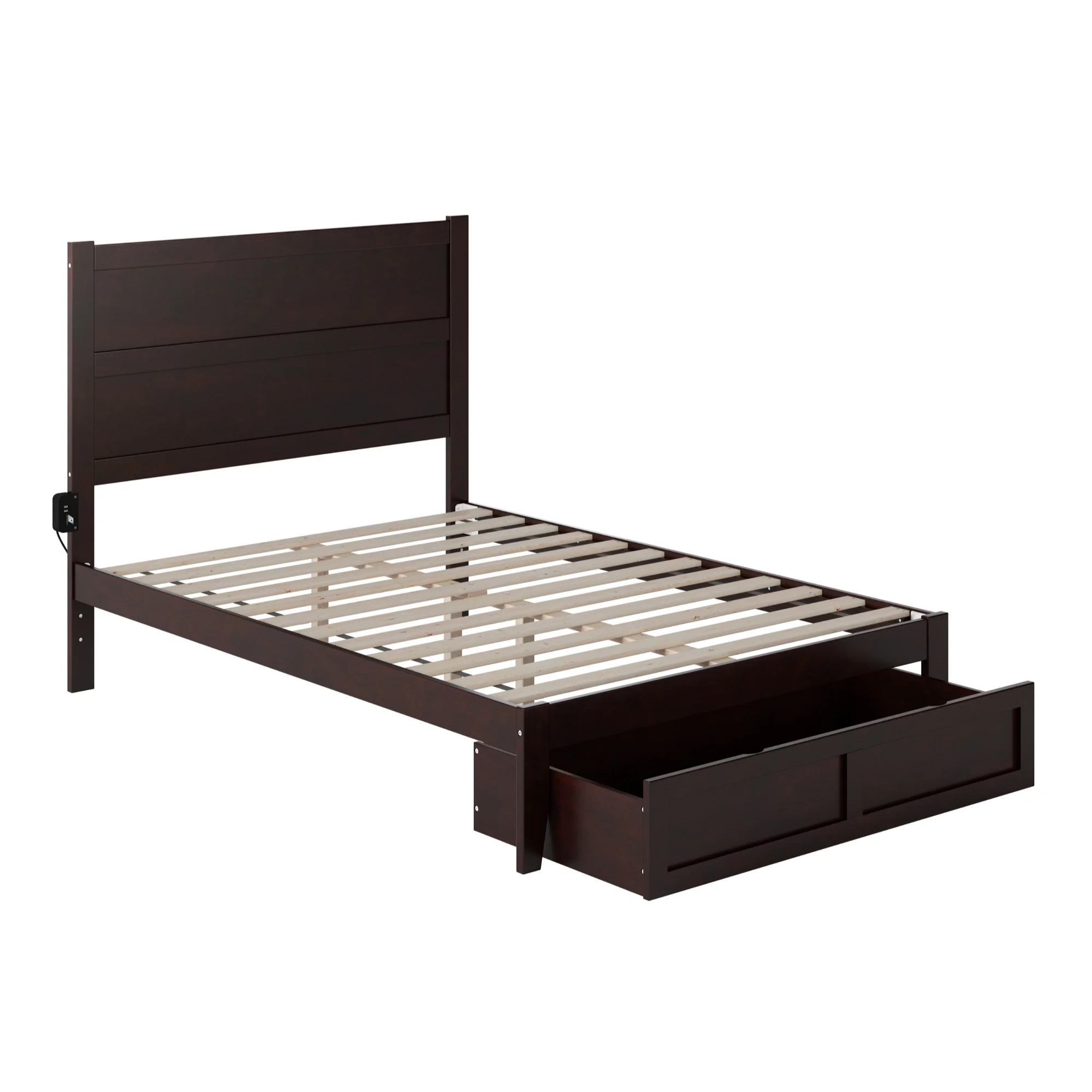 NoHo  Solid Wood Platform Bed with Foot Drawer Storage & Attachable USB Charger, Espresso - Full Size