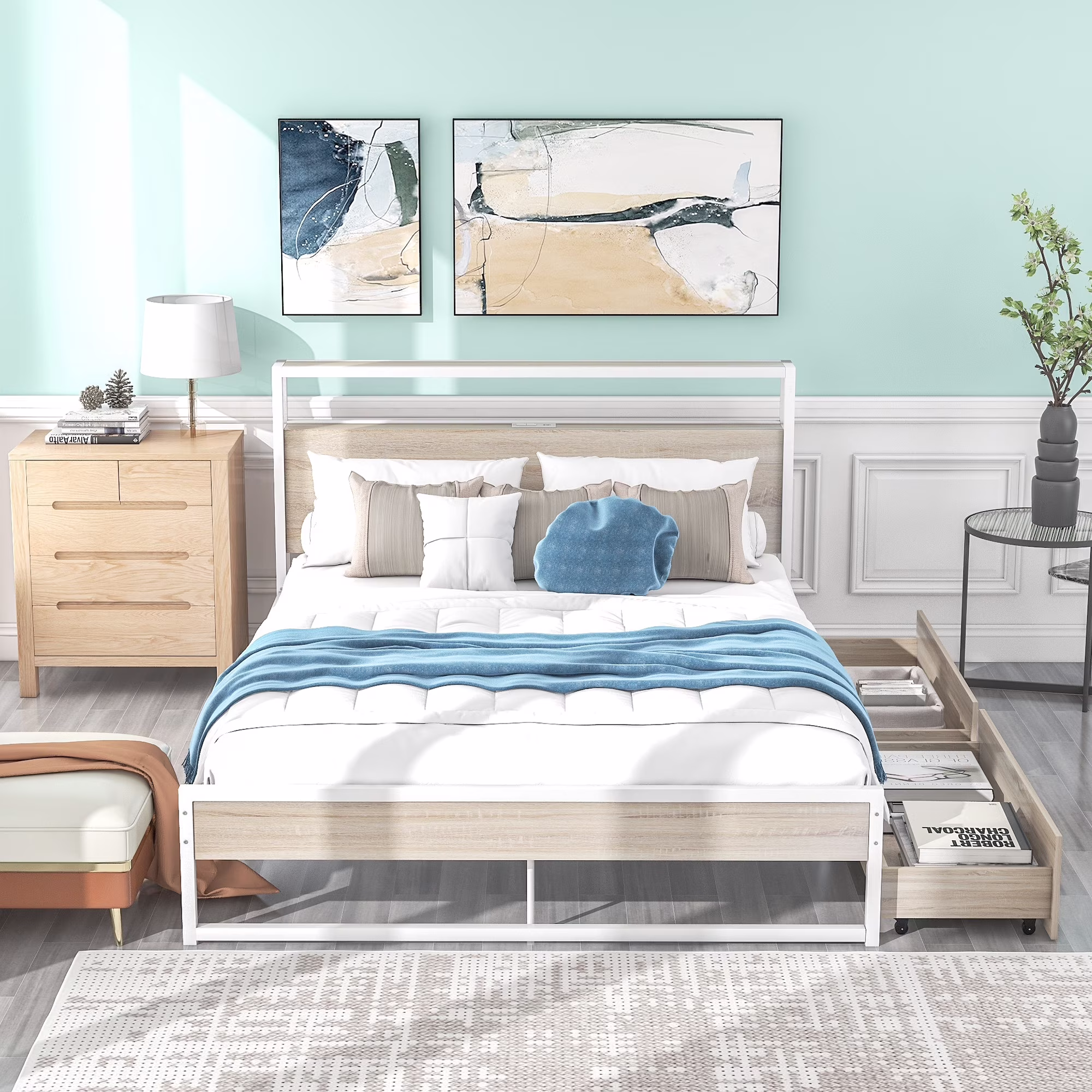 Metal Platform Bed Frame Full / Queen White + 2 Drawers Queen