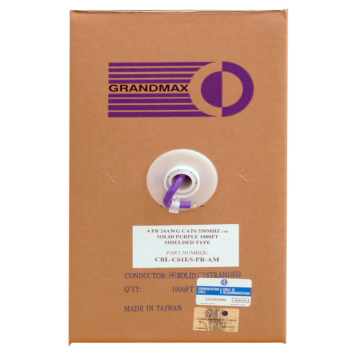 Grandmax Cat6 550MHz Shielded Solid STP,1000ft,100% Copper Cable,Blue