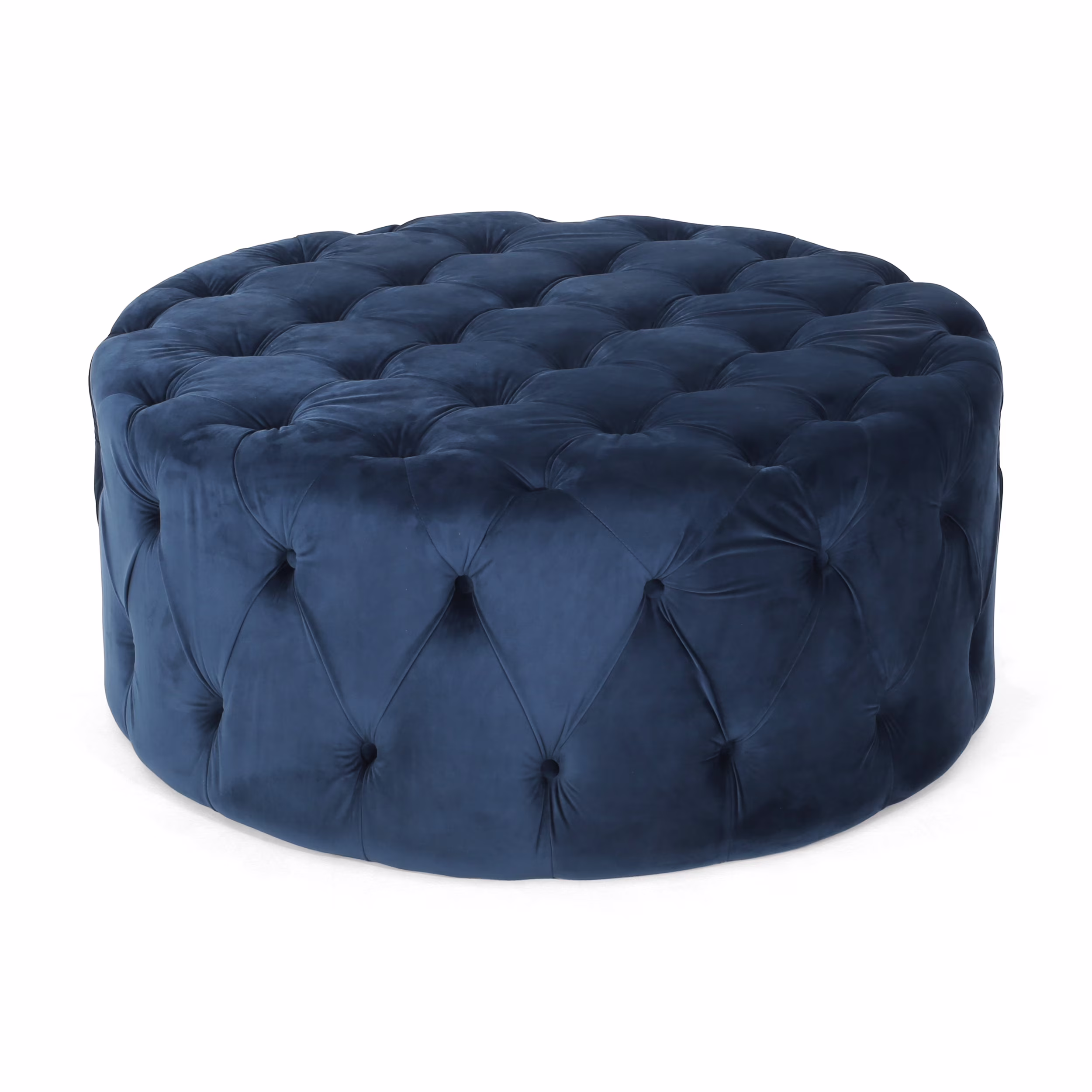 Noble House Vincent Modern Glam Round Tufted Velvet Ottoman, Blue