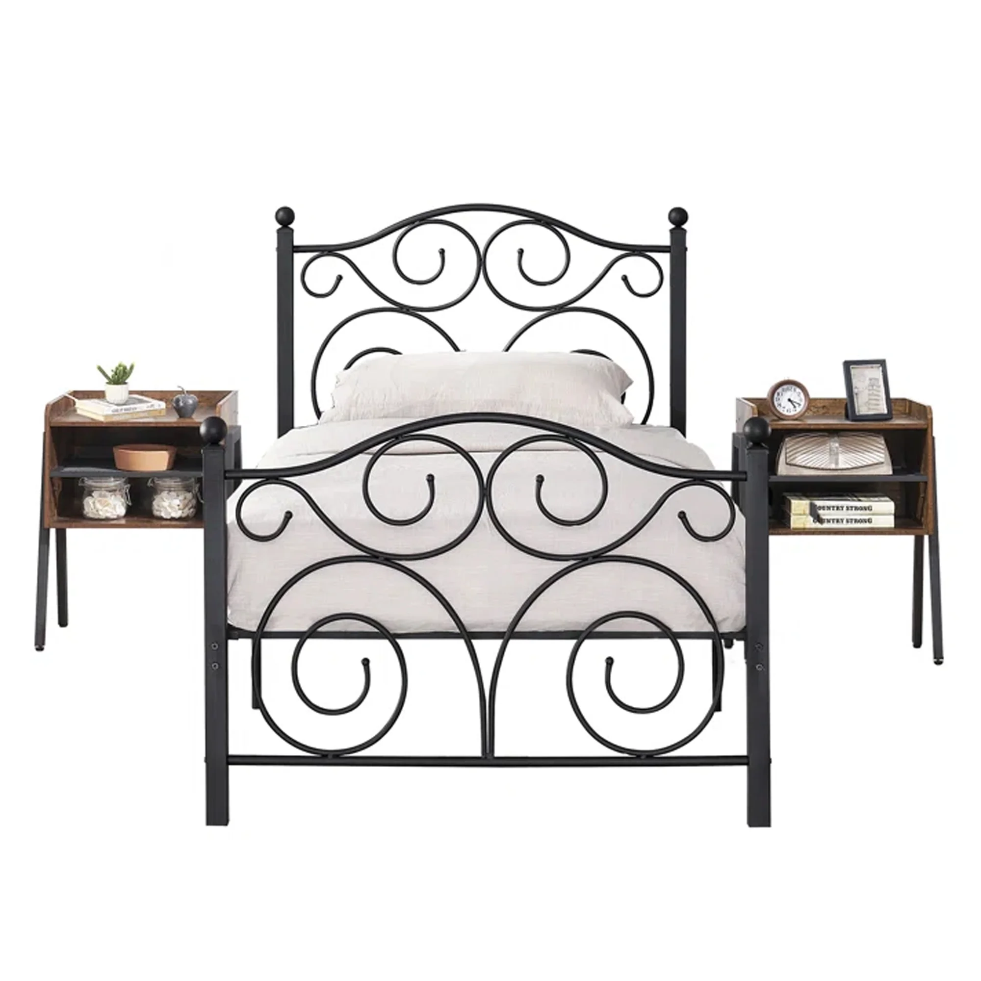 VECELO 3-piece Bedroom Set Twin Size Metal Platform Bed Frame and 2 Stackable Nightstand