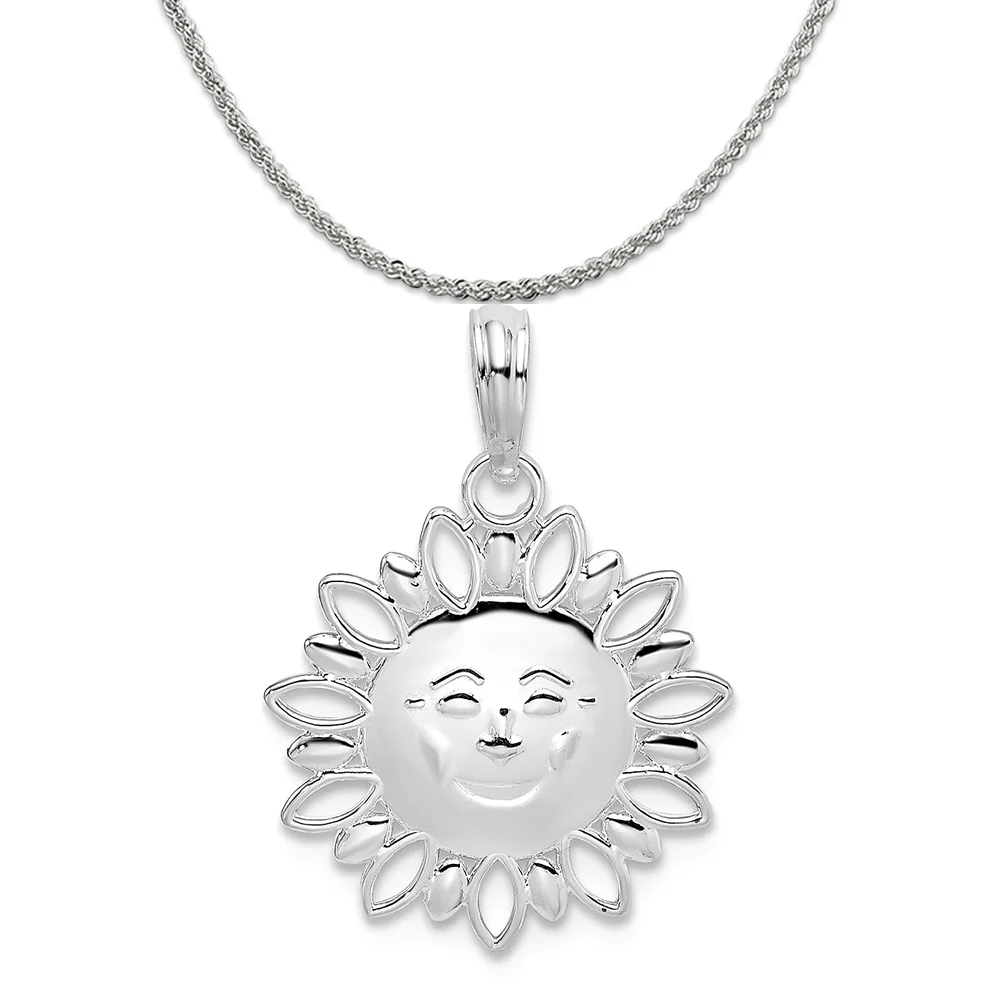 Carat in Karats Sterling Silver Polished Finish Smiling Sun Charm Pendant (17 mm x 15.8 mm) With Sterling Silver Rope Chain Necklace 16''