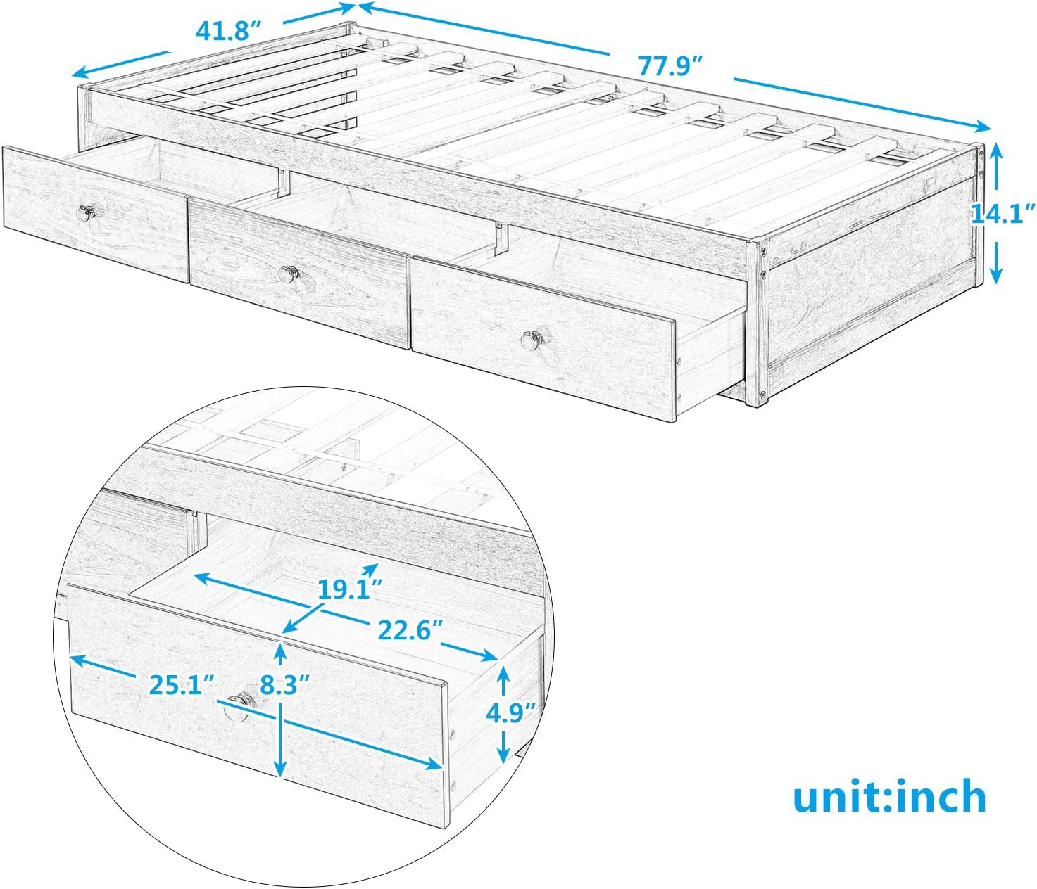 Bed With Drawers, Solid Wood Platform Bed Frame With Storage For Bedroom Living Room, Storage Bed For Girls Boys, Cherry