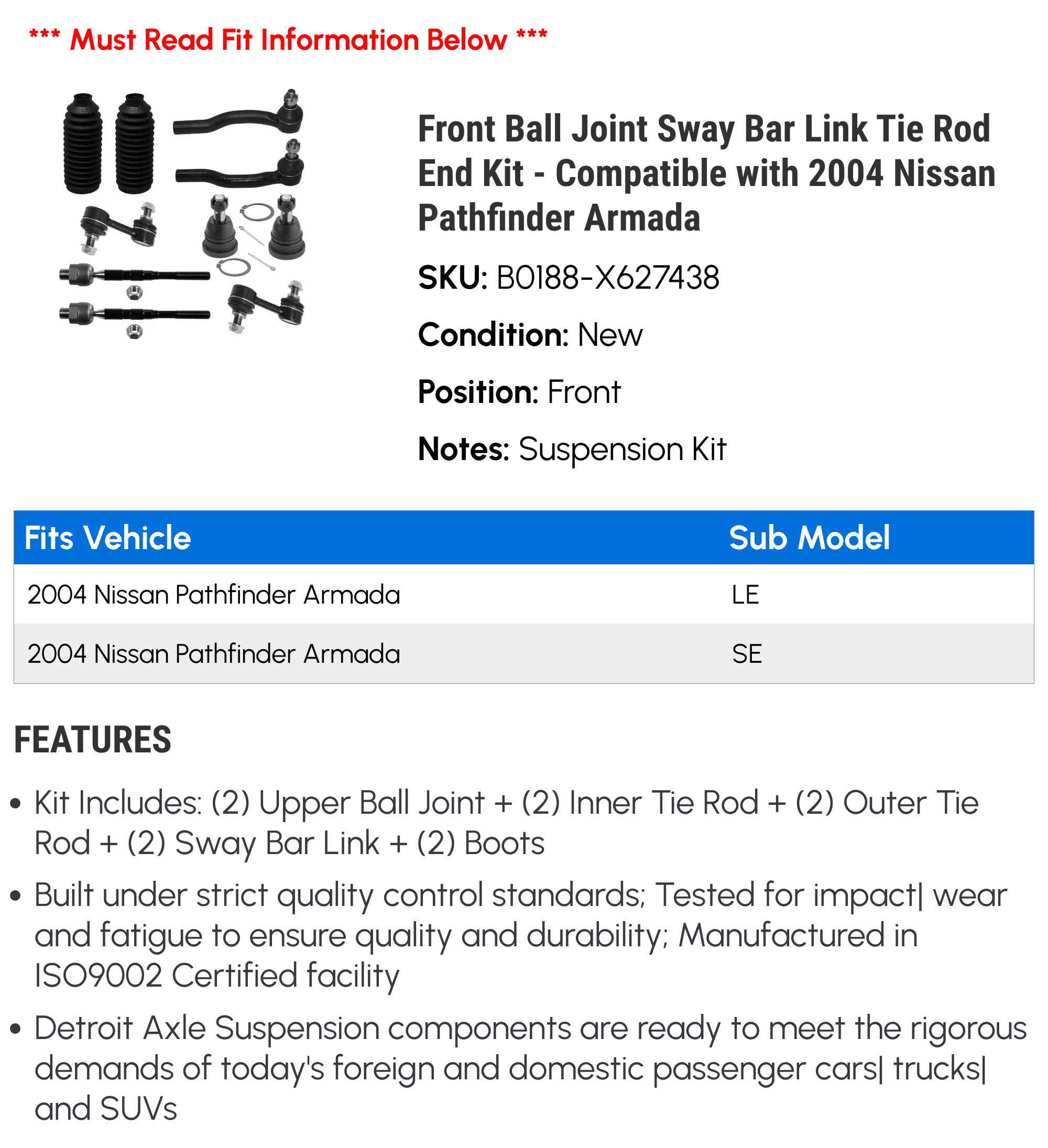 Front Ball Joint Sway Bar Link Tie Rod End Kit - Compatible with 2004 Nissan Pathfinder Armada