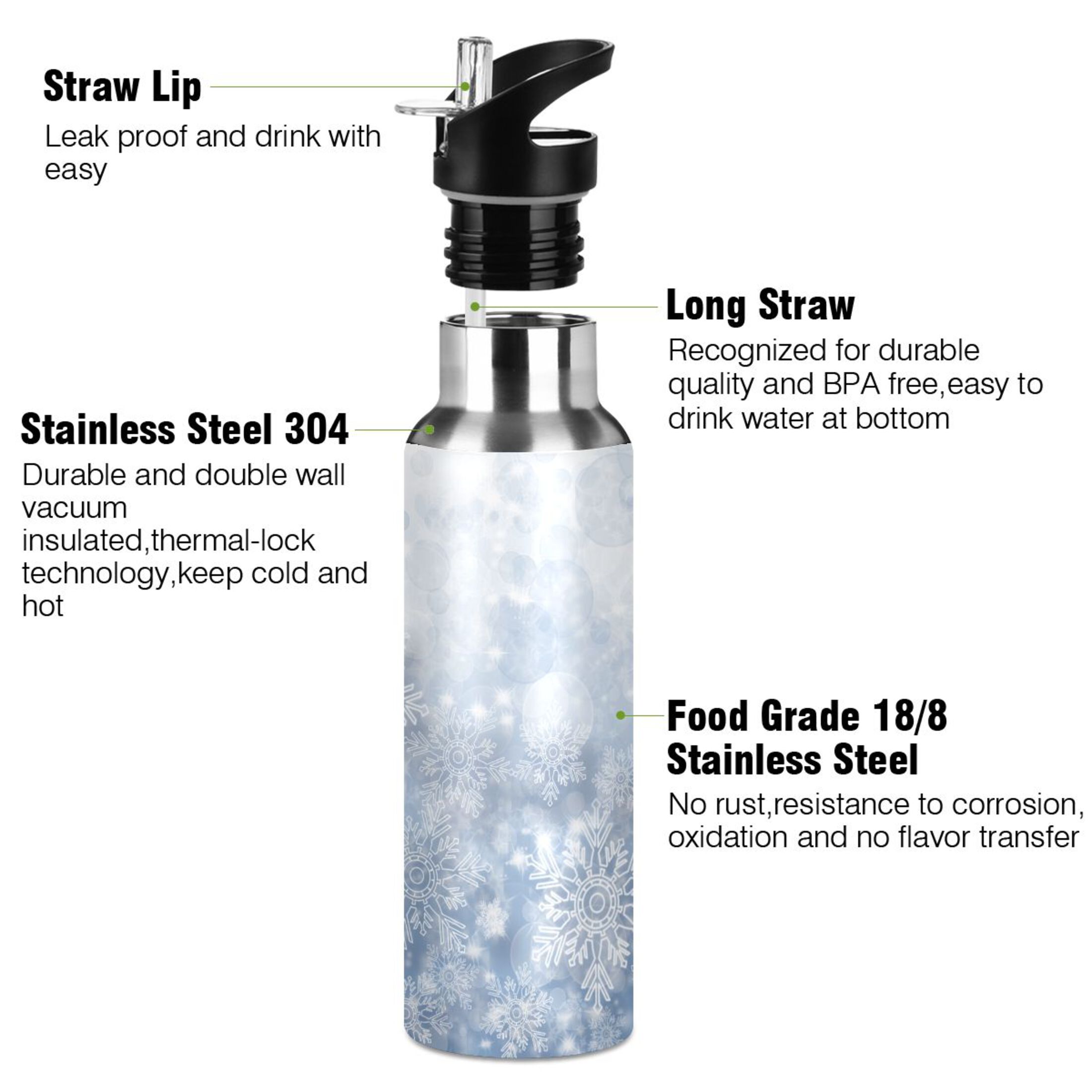 Water Bottle with Straw Lid Leak Blue Christmas Snowflake Stainless Steel Insulated Thermos Vacuum Flask for Cold Hot Drinking for Sports Camping Gym Yoga