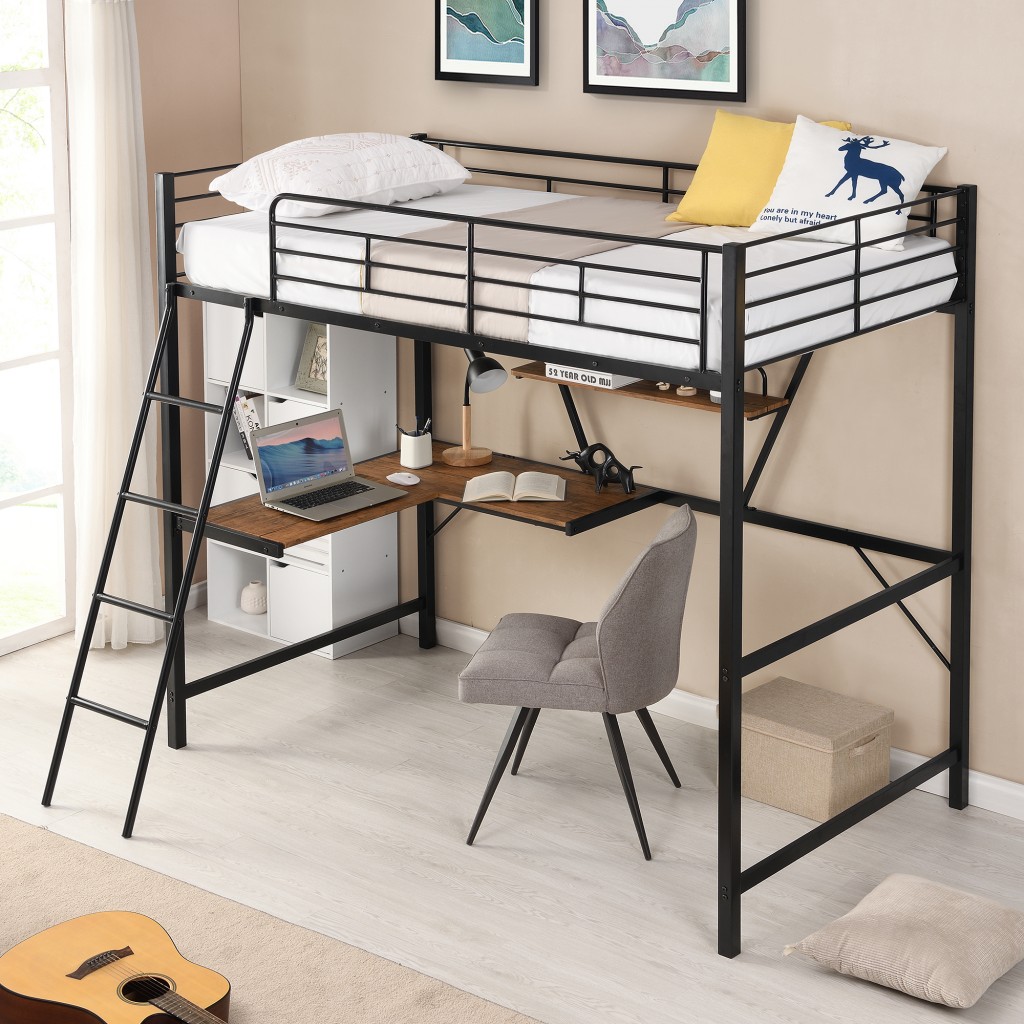 HomeRoots 404099 Black Metal Loft Bed with L Shaped Desk & Shelf