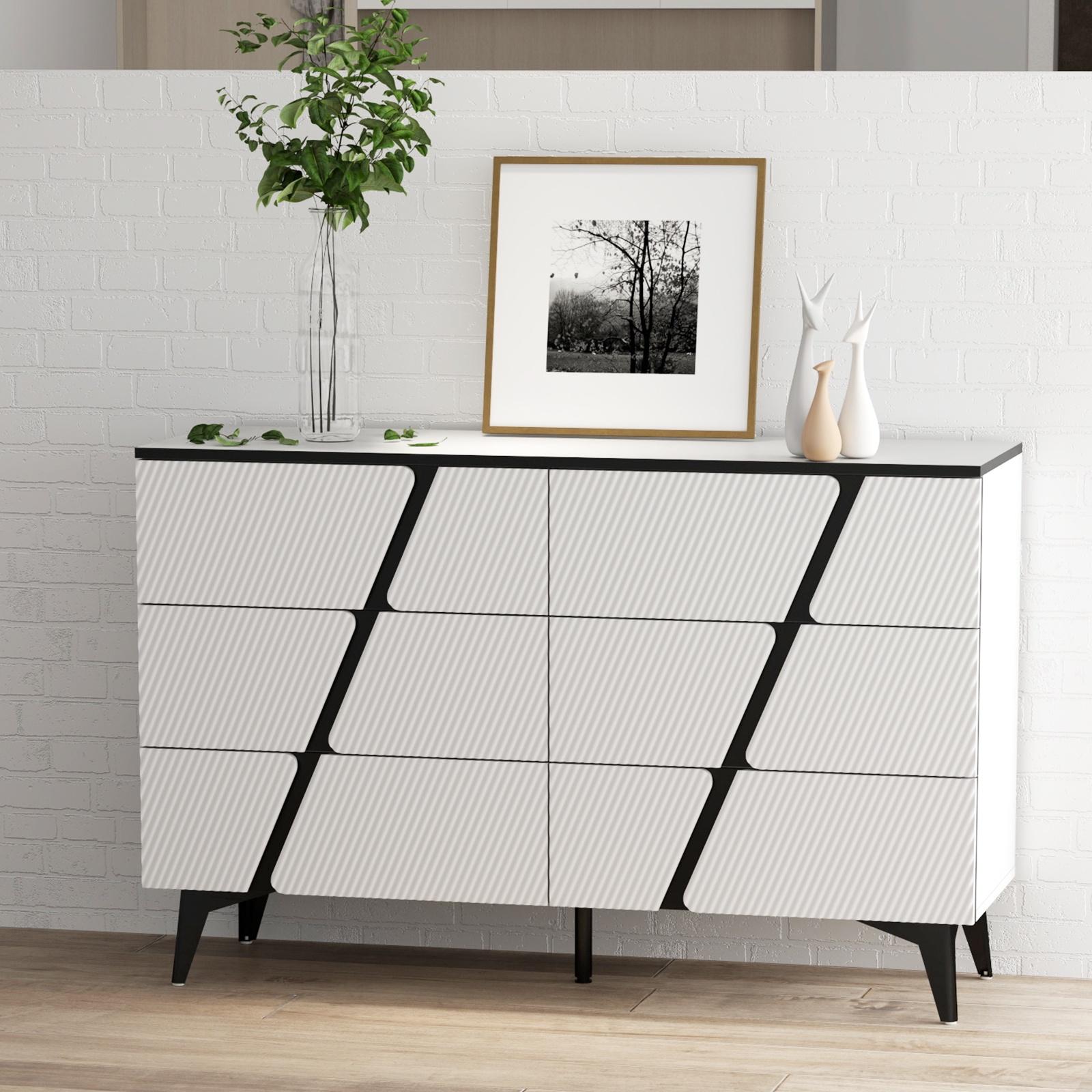 Glavbiku Modern 6 Drawers Dresser,Twill Wood Buffet Sideboard for Bedroom,47.2