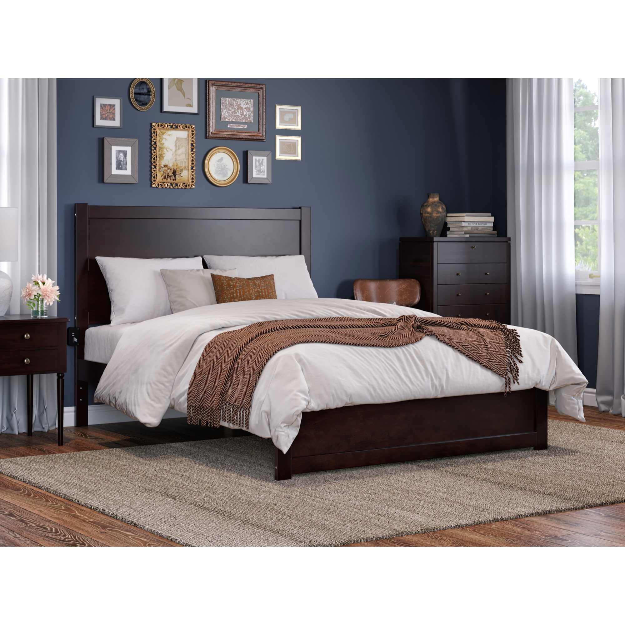 AFI NoHo Queen Solid Wood Bed with Footboard with USB Charger in Espresso