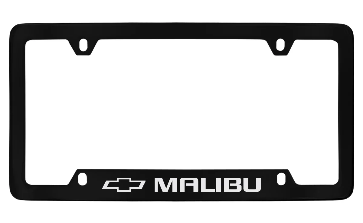 Chevrolet Malibu wordmark black coated metal license plate frame holder
