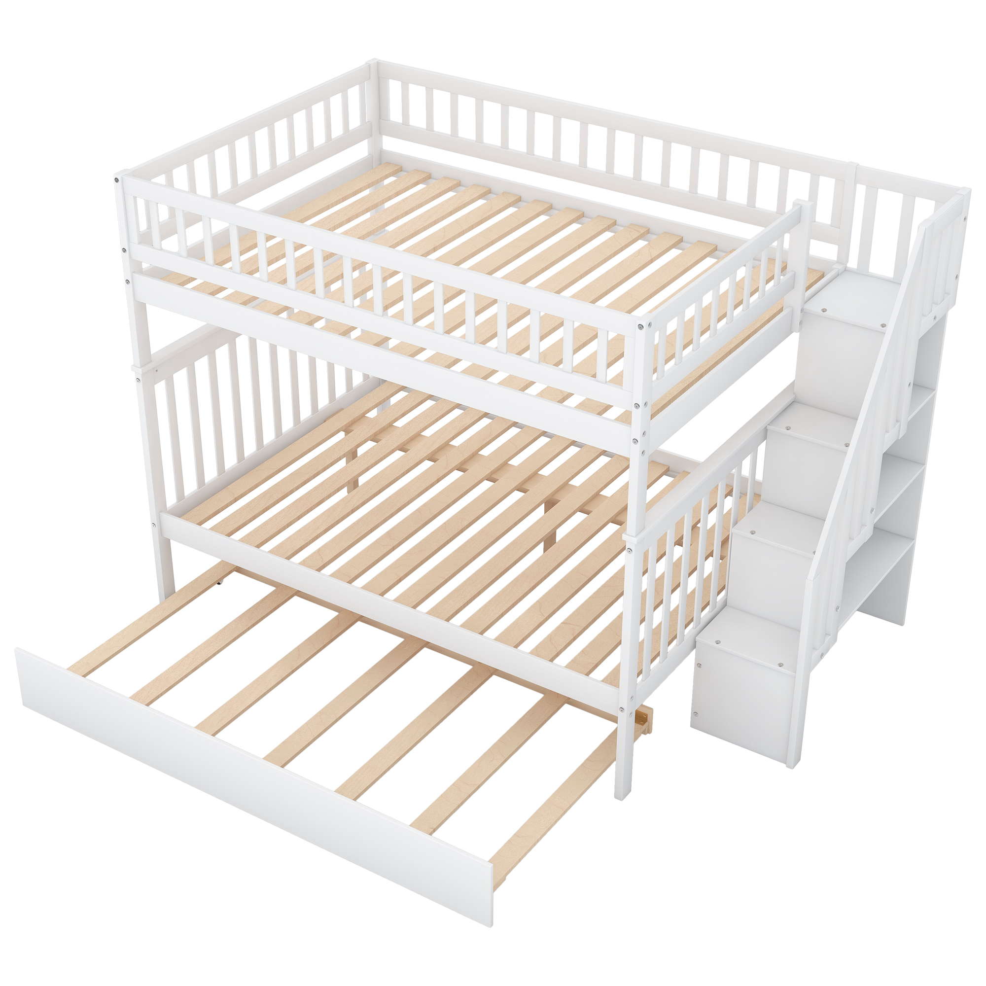 Bellemave Full Over Full Stairway Bunk Beds with Trundle,Solid Wood Full Size Bunk Bed with Stairs,Detachable Bunk Bed Can be Converted Into 3 Separate Beds for Kids,Girls,Boys(White)