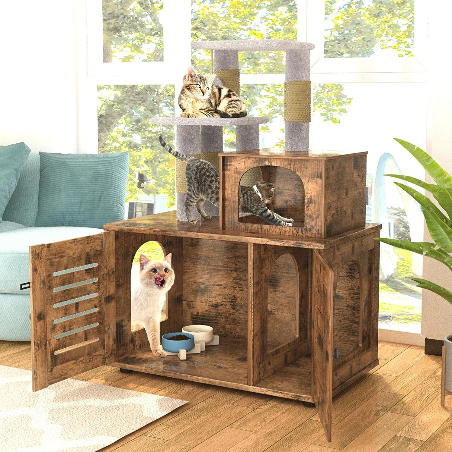 Recaceik Cat Litter Box Enclosure,Hidden Kitty Washroom,Multifuctional Enlarged Cat Litter Cabinet Cat House with Cat Tree Tower Scratching Post,Removable Divider,Rustic Brown