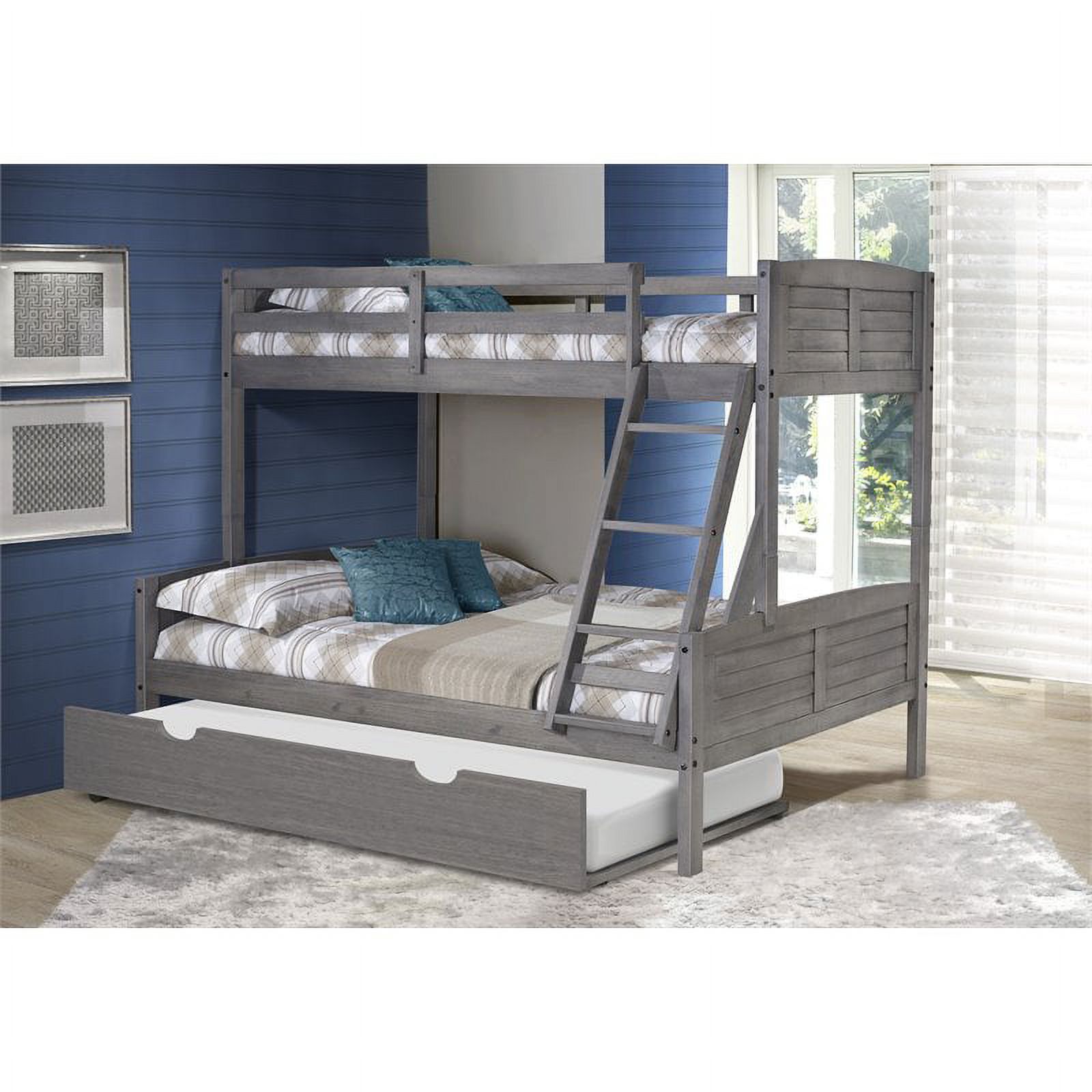 Donco Kids Louver Twin Over Full Solid Wood Bunk Bed with Trundle in Gray