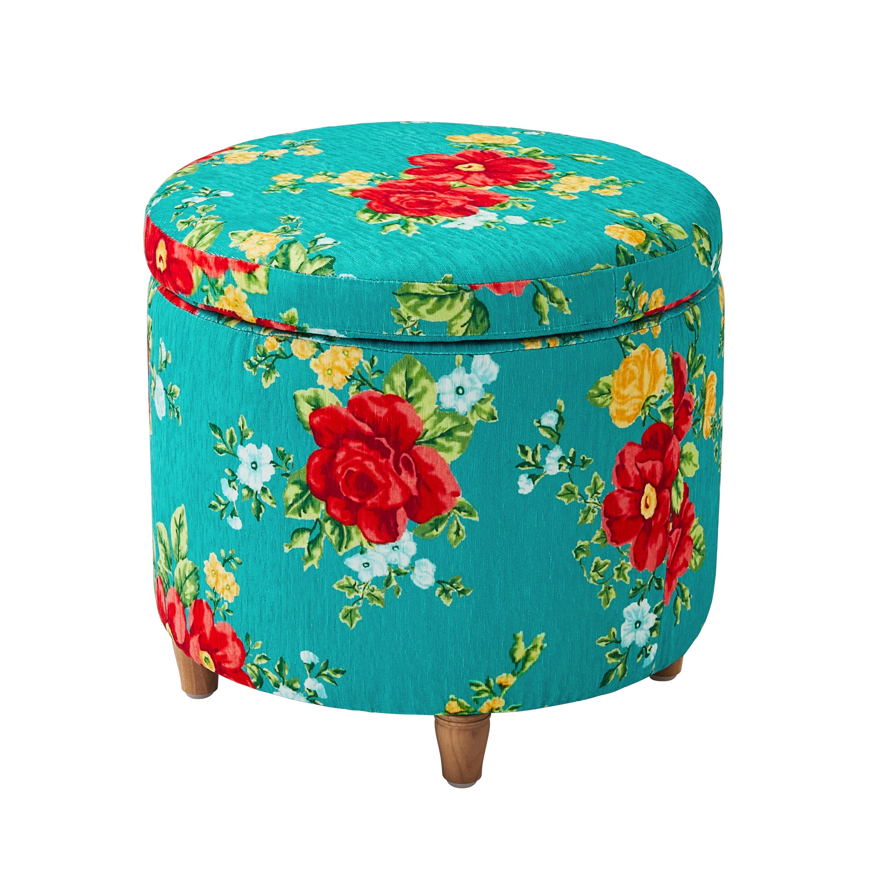 The Pioneer Woman Vintage Floral Fabric Round Storage Ottoman, Teal