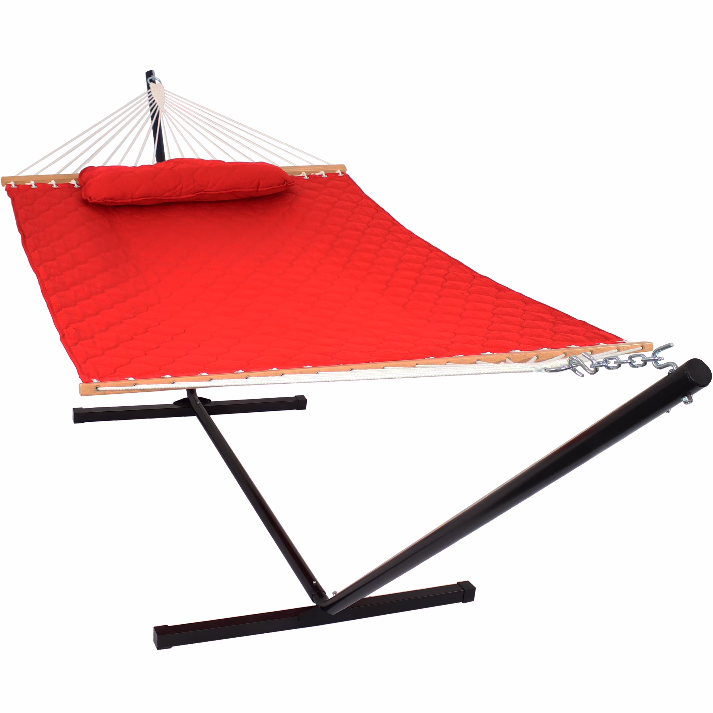 Sunnydaze Quilted Fabric 2-Person Hammock with Pillow and Stand - Red