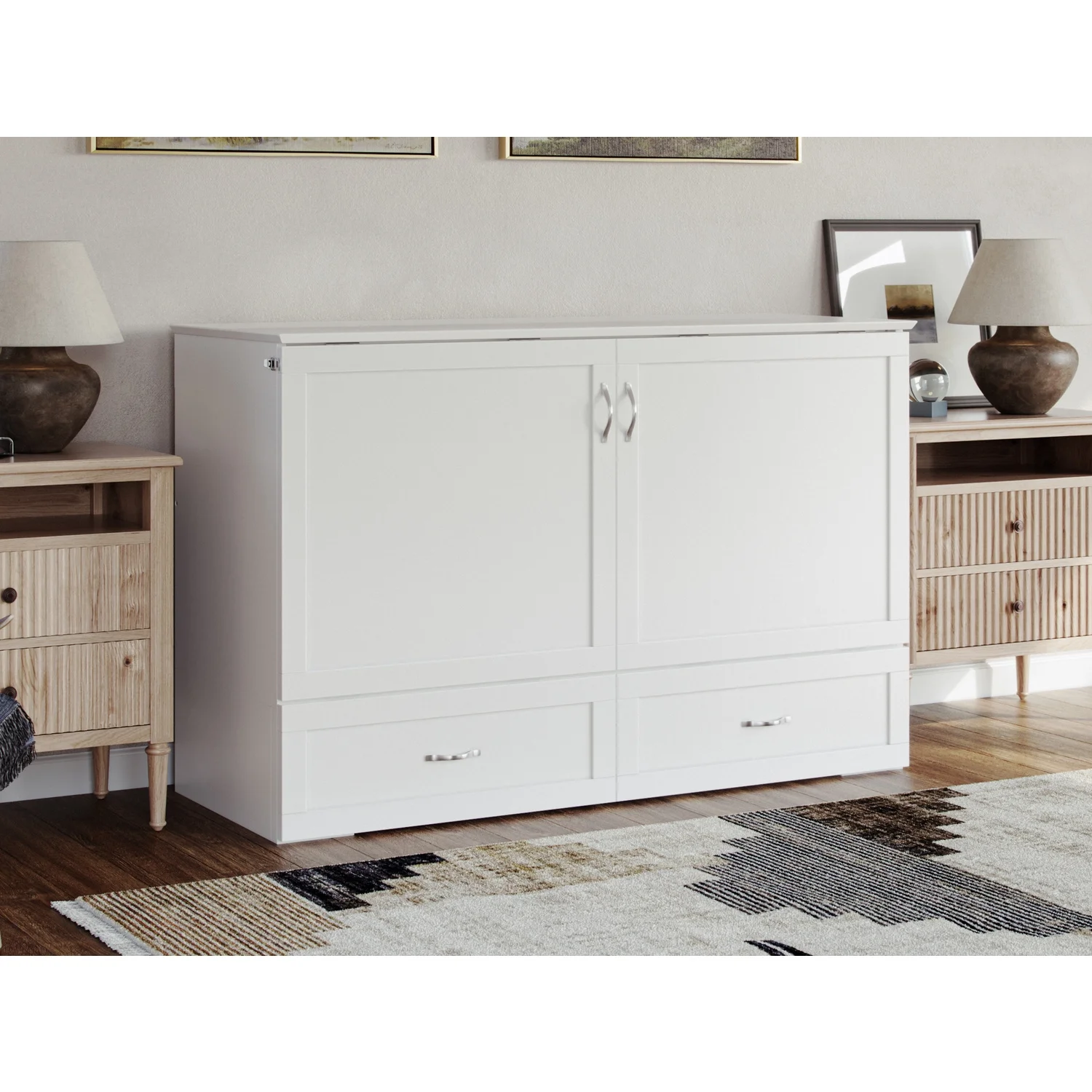 AFI Raleigh Modern Queen Solid Wood Murphy Bed Chest with Mattress in White