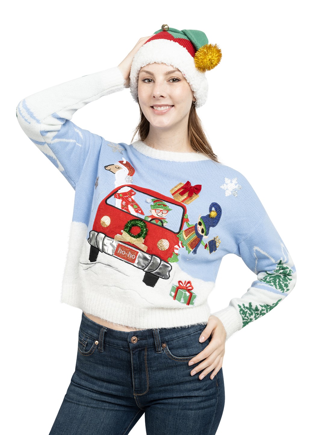 Jollidays Women's Elf & Friends Llama Ugly Christmas Sweater