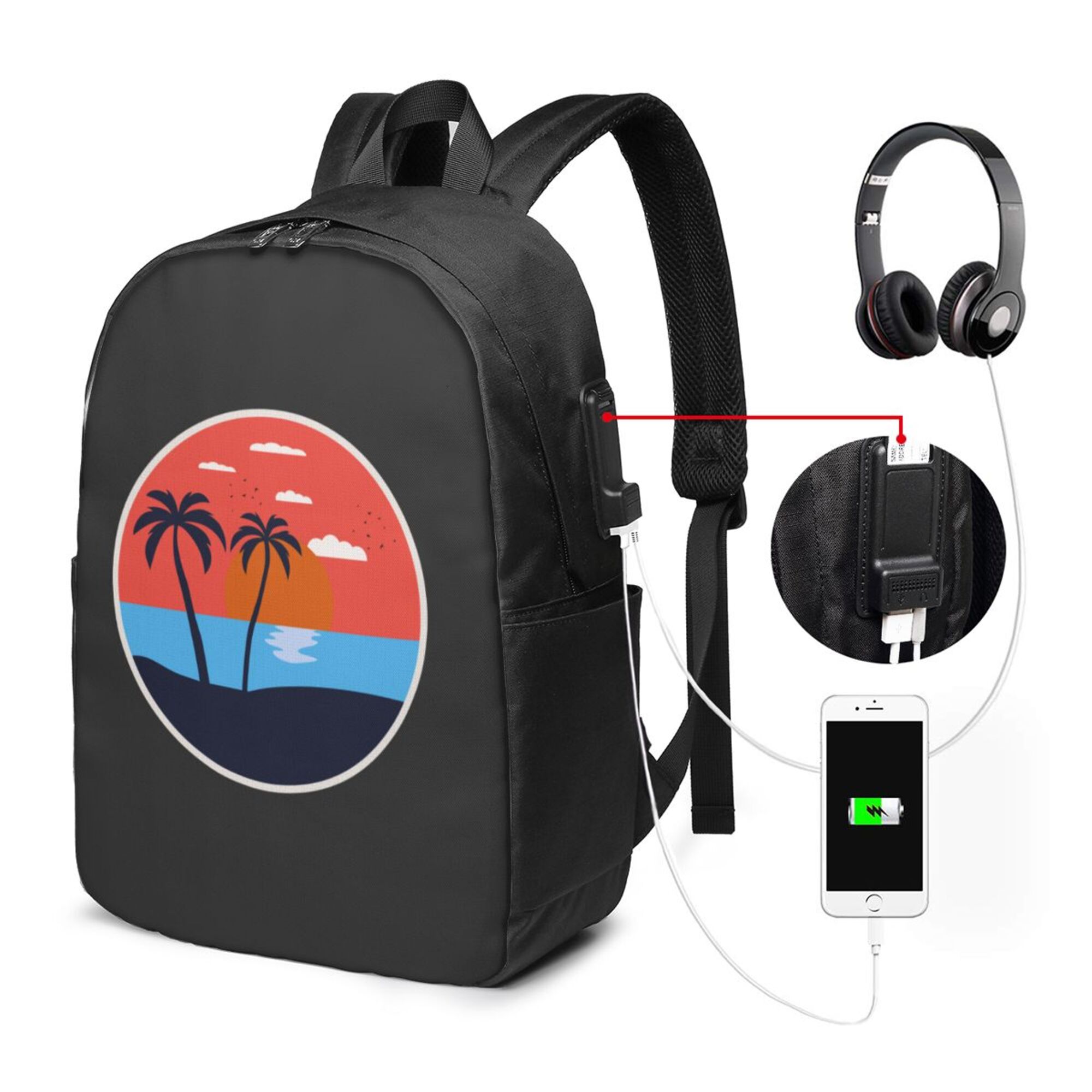TEQUAN Travel Laptop Backpack, Summer Beach Sunset Palm Trees Prints Outdoor Hiking Bag School Bookbag Casual Lightweight Daypack