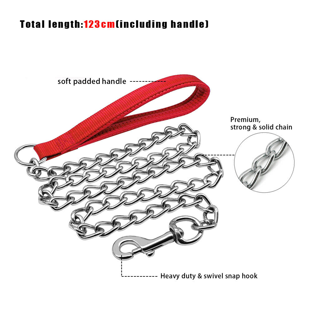 4ft Dog Chain Leash Heavy Duty Metal Walking Lead with Nylon Padded Handle Large
