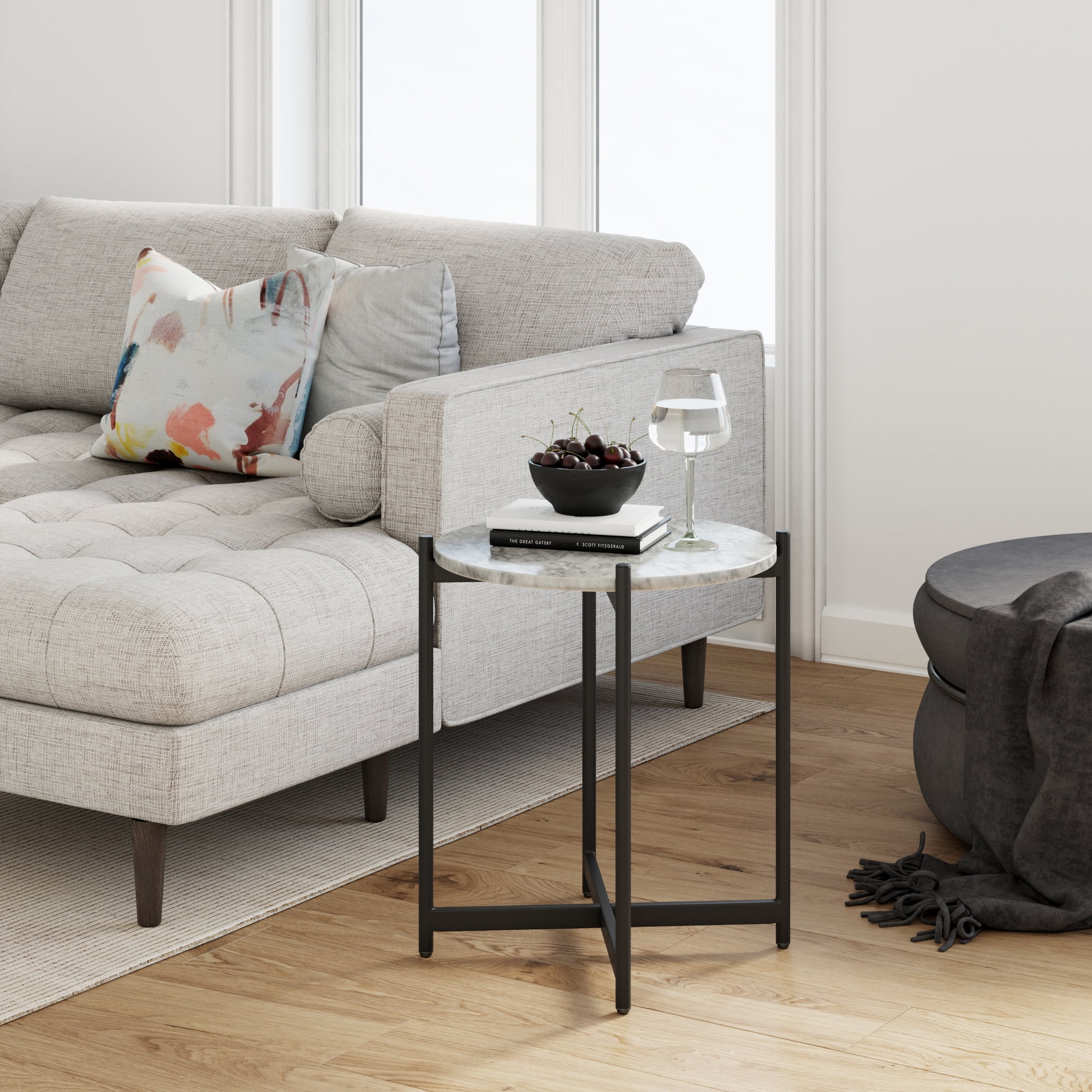 Nathan James Roland Modern White Faux Marble Round Accent Side Table, Metal End Table with X-shaped Base, White/Black