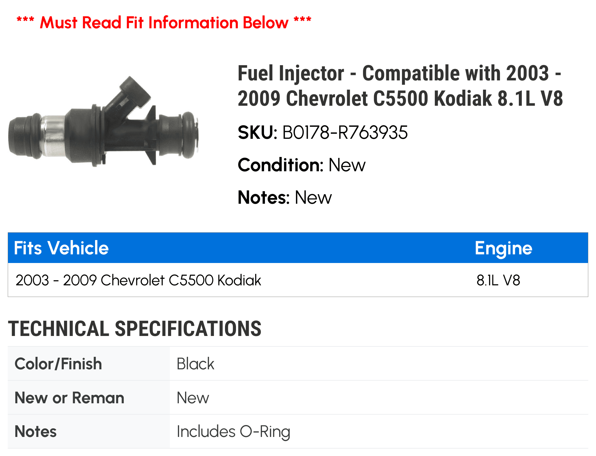 Fuel Injector - Compatible with 2003 - 2009 Chevy C5500 Kodiak 8.1L V8 2004 2005 2006 2007 2008