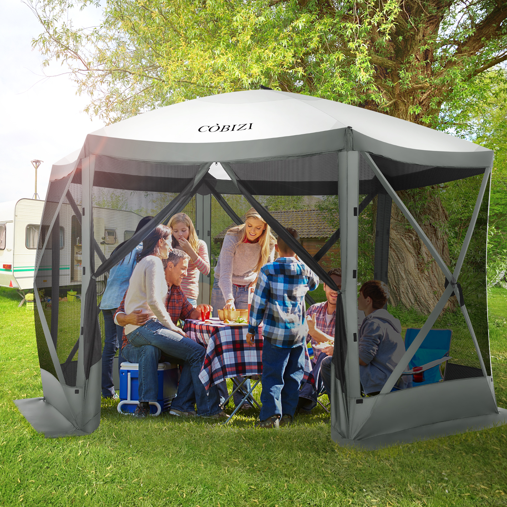 HOTEEL 12x12ft Pop-up Gazebo EZ Set-up Camping Canopy Tent with 6 Sides Mosquito Netting, Waterproof, UV Resistant, Portable Screen House Room, Outdoor Party Tent with Carry bag, Ground Spike, Gray