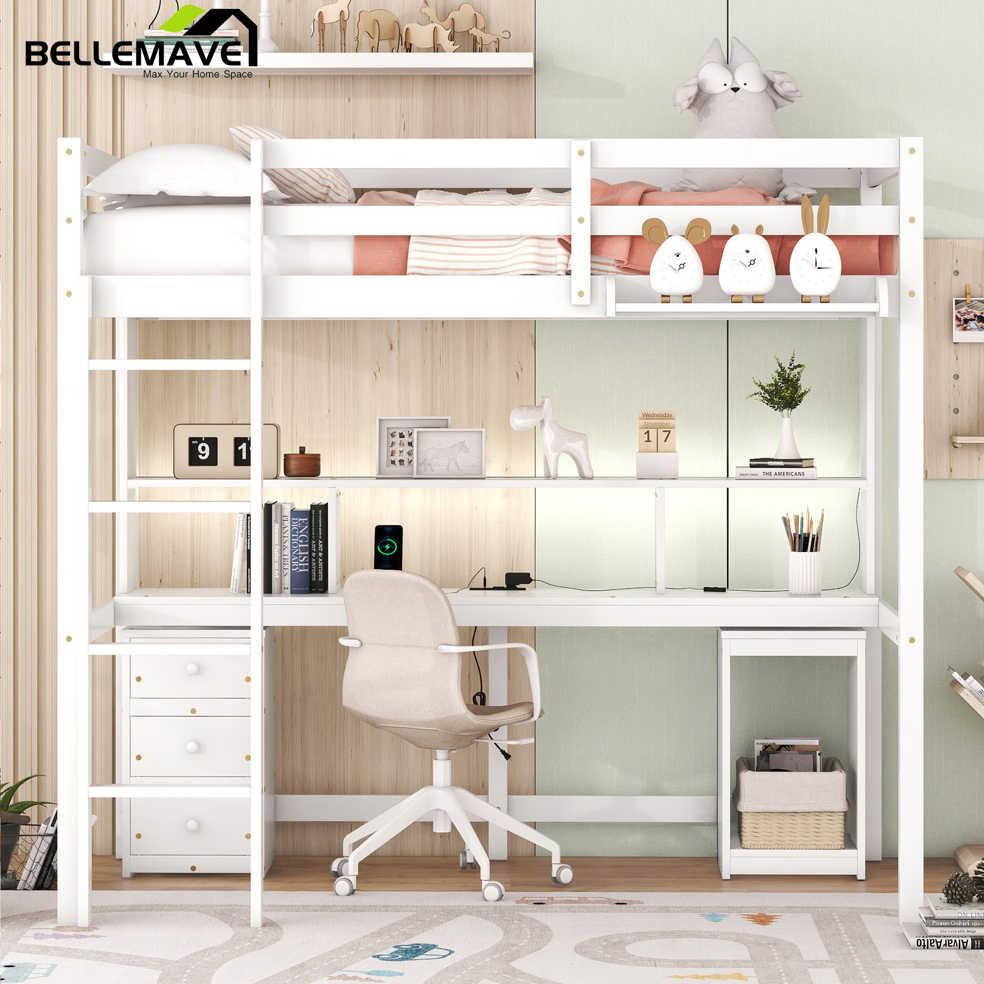 Bellemave Twin Loft Bed with Desk, Cabinet and Drawers Wooden Loft Bed with Charging Station and LED Light Twin Bed Frame with Storage Shelves and Guardrails for Kids, Teens, (Twin, White)