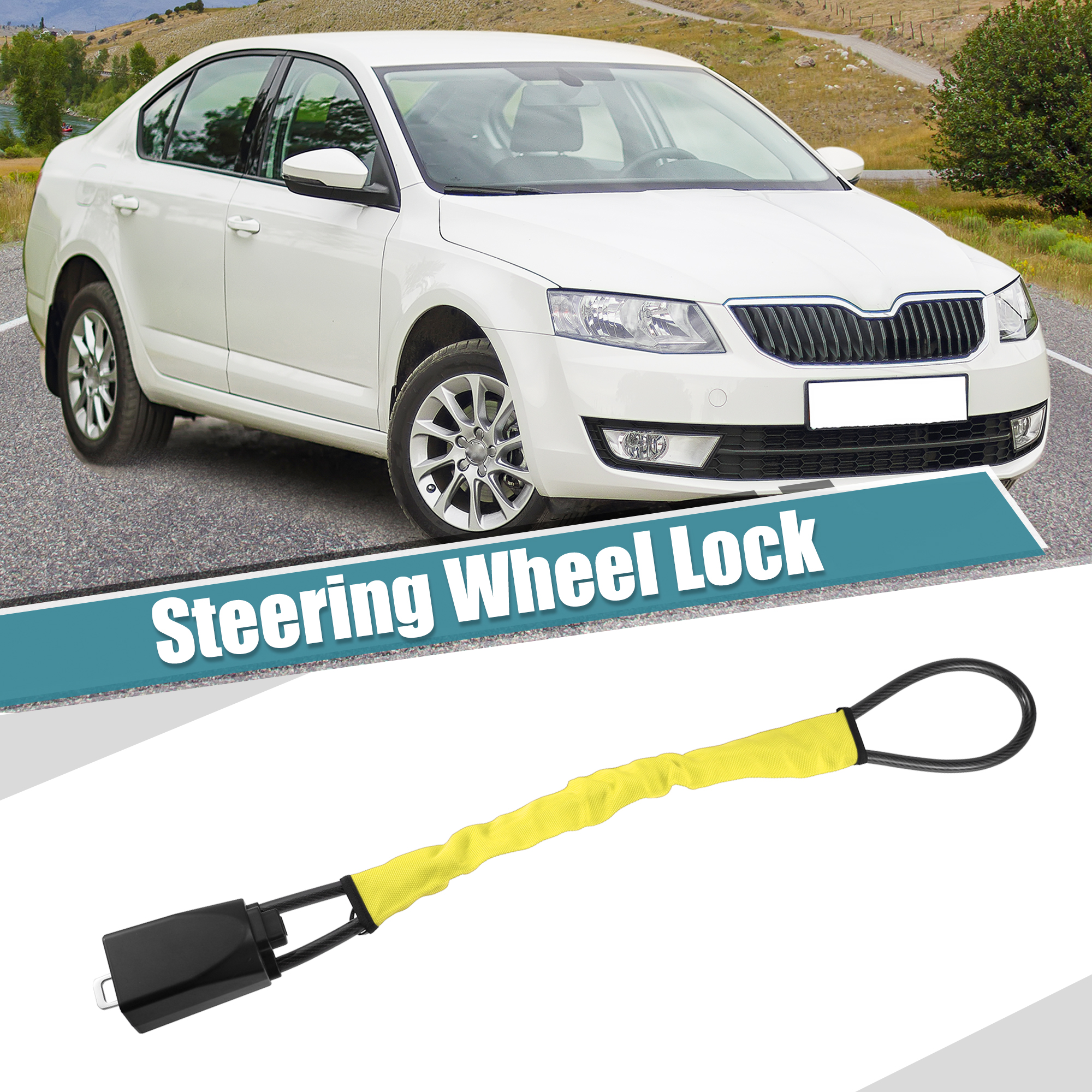 Unique Bargains Yellow Car Steering Wheel Lock Seat Belt Lock with 2 Keys Anti Theft Security for Most Car SUV Truck