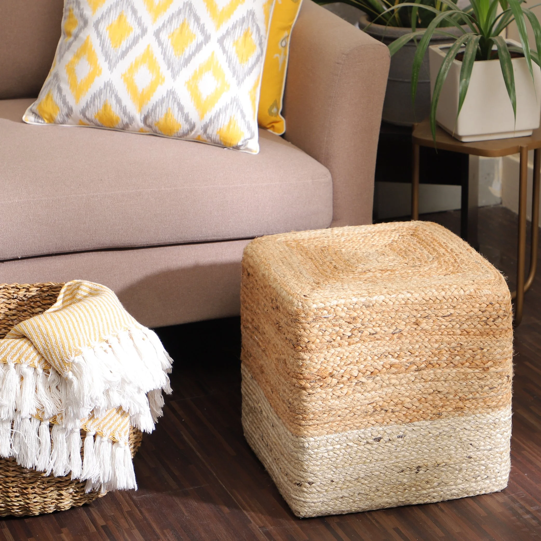 REDEARTH Cube Pouf Ottoman - Braided Pouffe Accent Sitting Square Footrest for Living Room, Bedroom, Nursery, kidsroom, Patio, Gym; 100% Jute (14.5