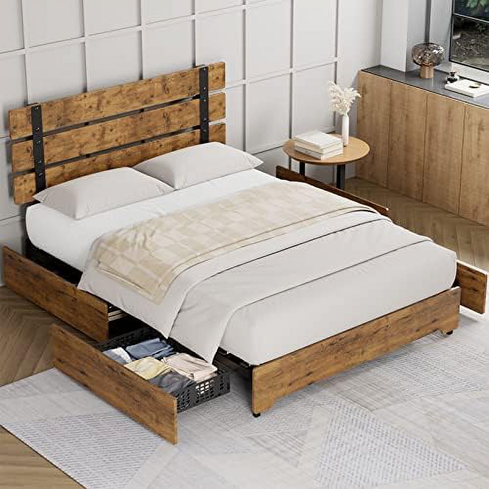 YZboomLife Queen Size Bed Frame with 4  Drawers Modern Industrial Headboard and Footboard  Metal Platform Bed Frame 12 Wood Slats Strong Mattress Foundation No Box Spring Needed Noise-Fre