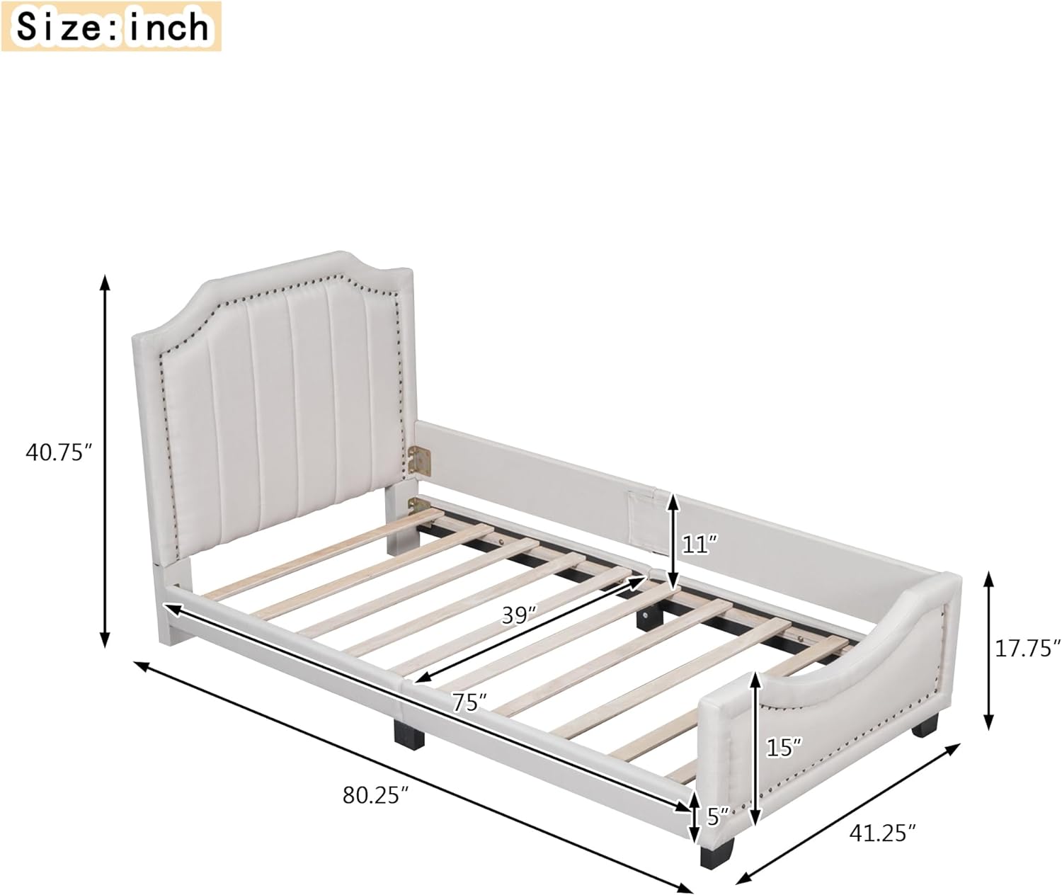 Upholstered Bed With Headboard, Low Platform Bed Frame With Rails For Kids, Lie Fabric Child Bed For Girls Boys Tees, Beige