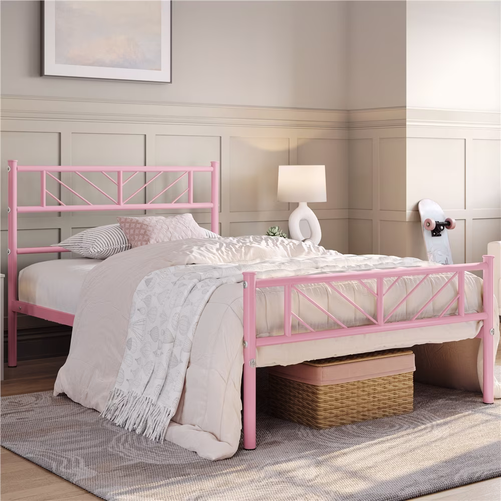 Easyfashion Justice Metal Platform Bed with Arrow Design,Twin XL,Pink
