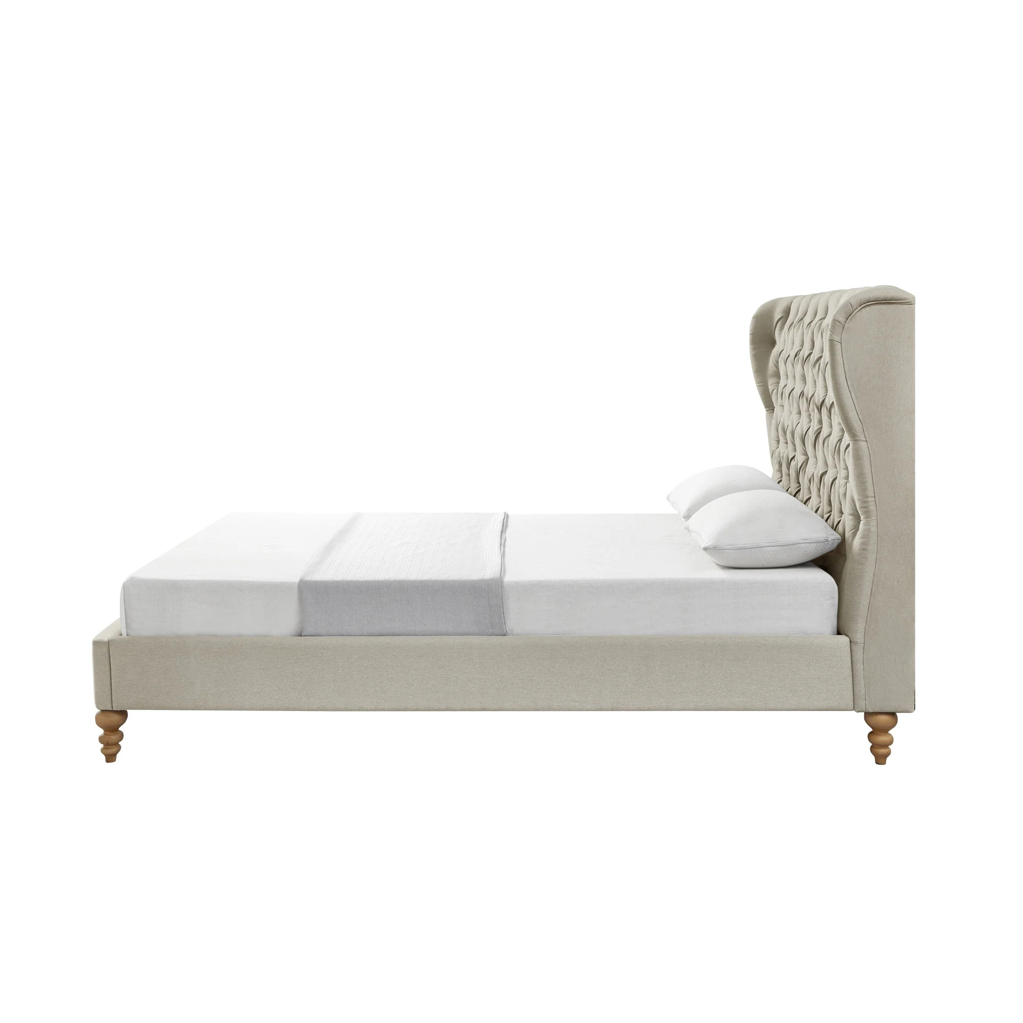 Cream Solid Wood Twin Tufted Upholstered Linen Bed