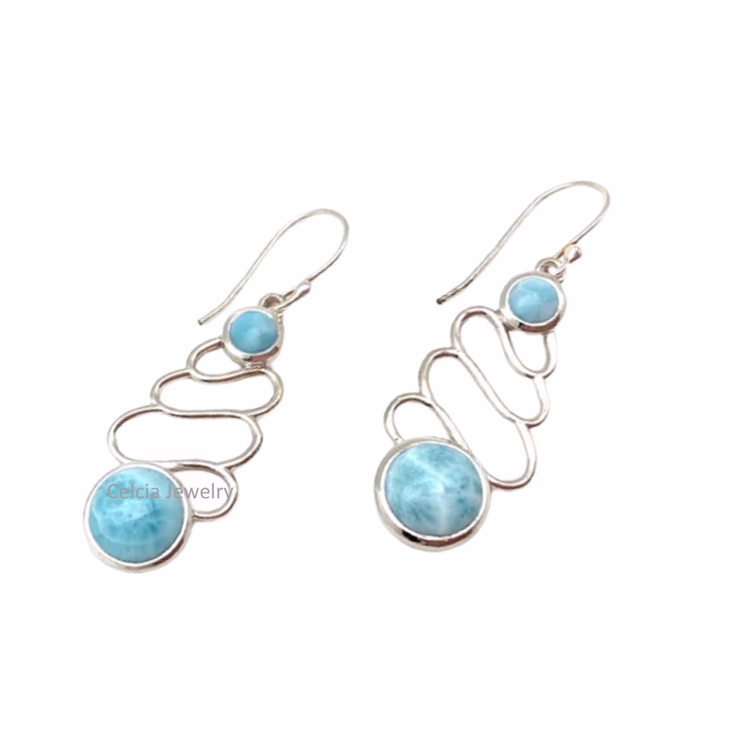 Solid 925 Sterling Silver Dangle Teardrop Earrings For Women, Natural Round Blue Larimar Multi Gemstone Unique Handcrafted Earrings