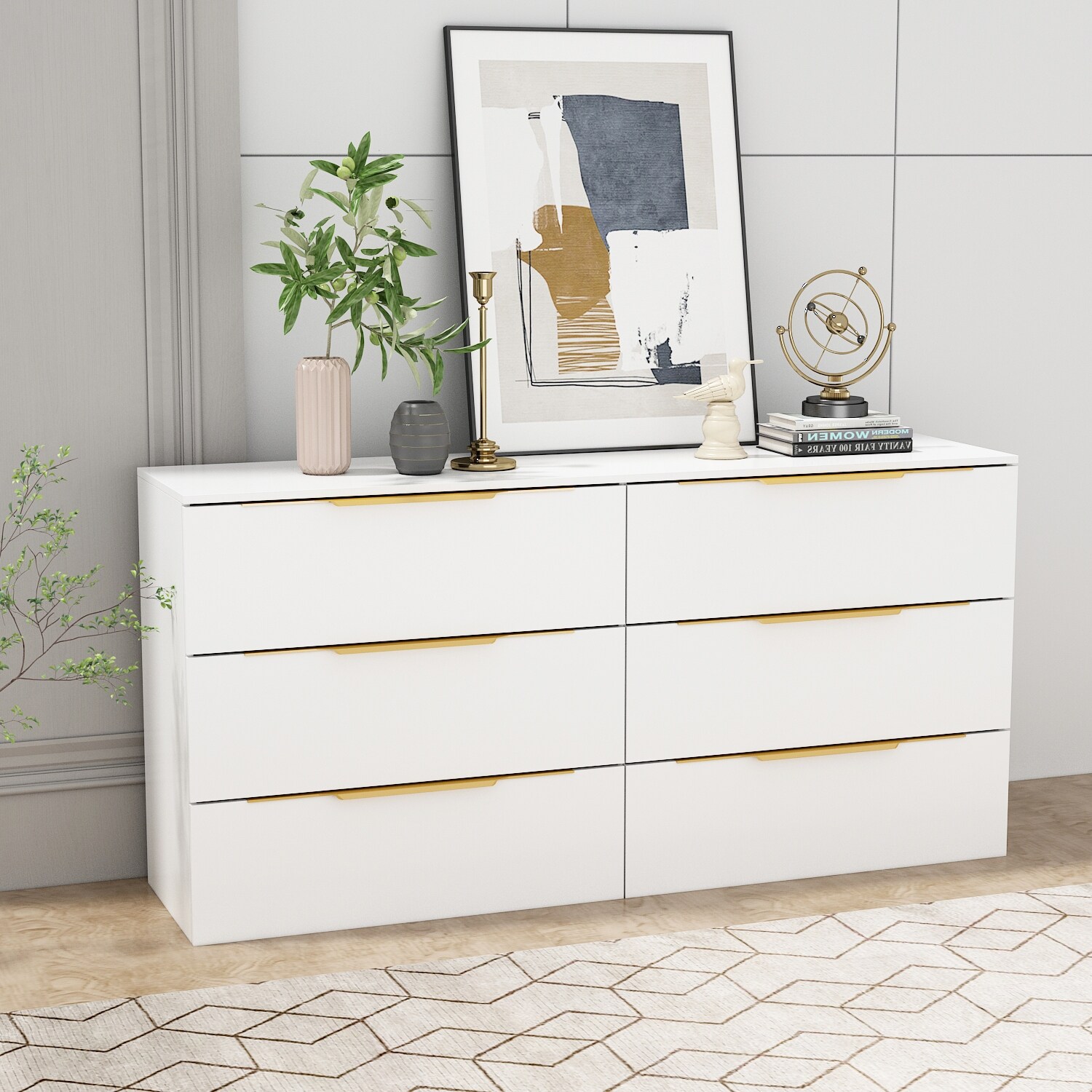 Timechee 63-inch Modern Space Saving 6-Drawer Double Dresser, White