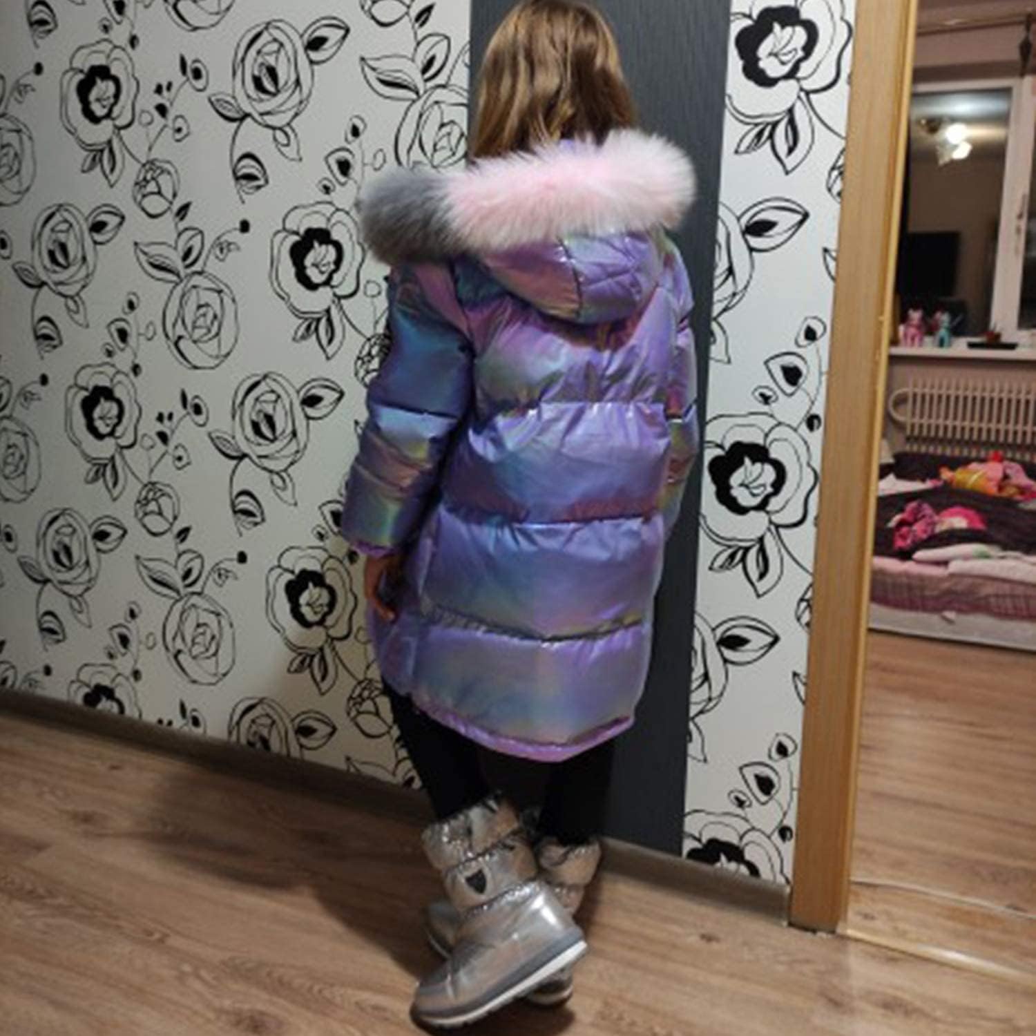 Kids Girls Hooded Shiny Down Jacket Winter Warm Casual Quilted Puffer Coat Outerwear with Faux Fur Collar