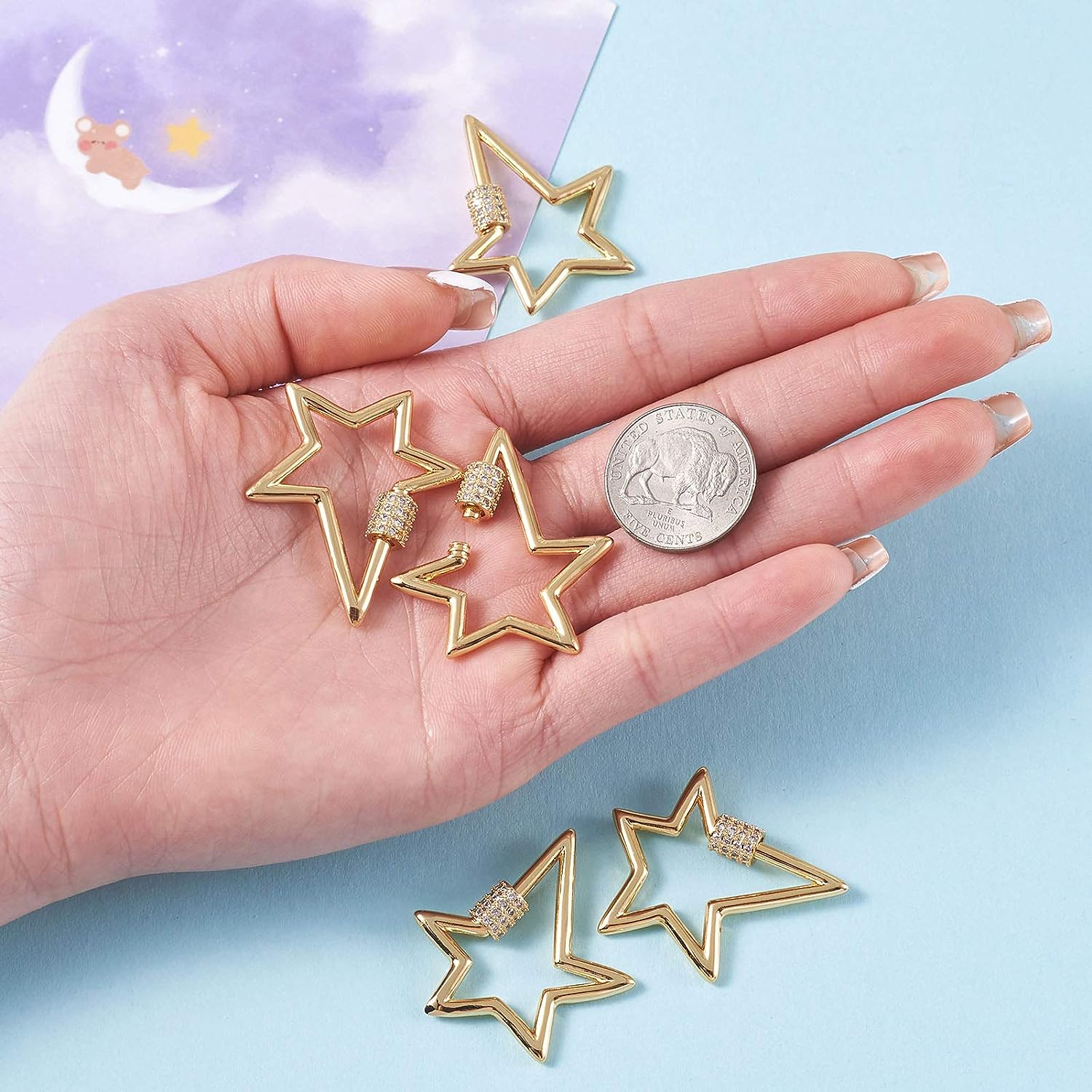 5pcs Golden Star Locking Carabiner Keychain Clip Screw Brass Micro Pave Clear Cubic Zirconia Carabiner Spring Snap Clip Quick Link Hook Women Girl Jewelry Making Supplies