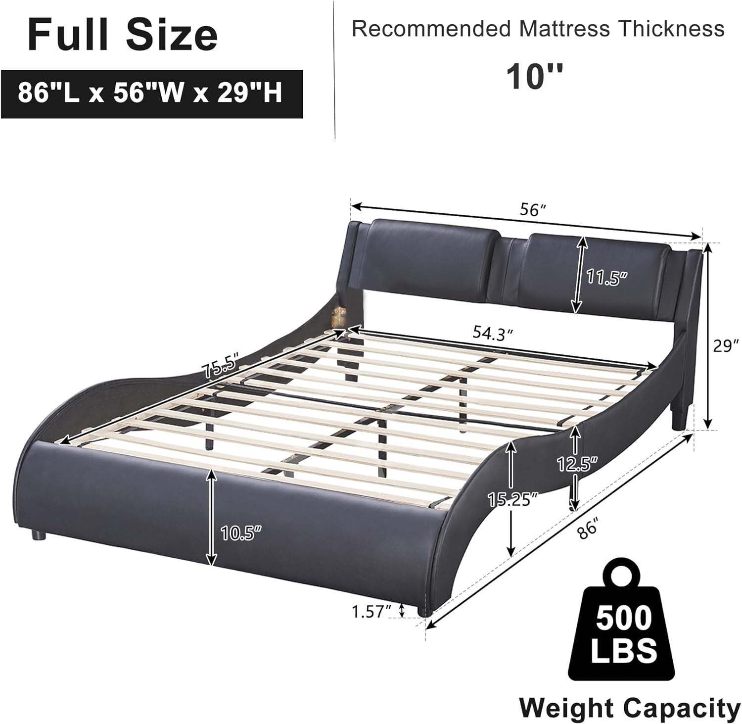 YINCHEN Full Size Upholstered Platform Bed with LED Lights Underneath,Faux Leather Upholstered Bed Frame with Headboard and Slatted for Bedroom(Full,Black)