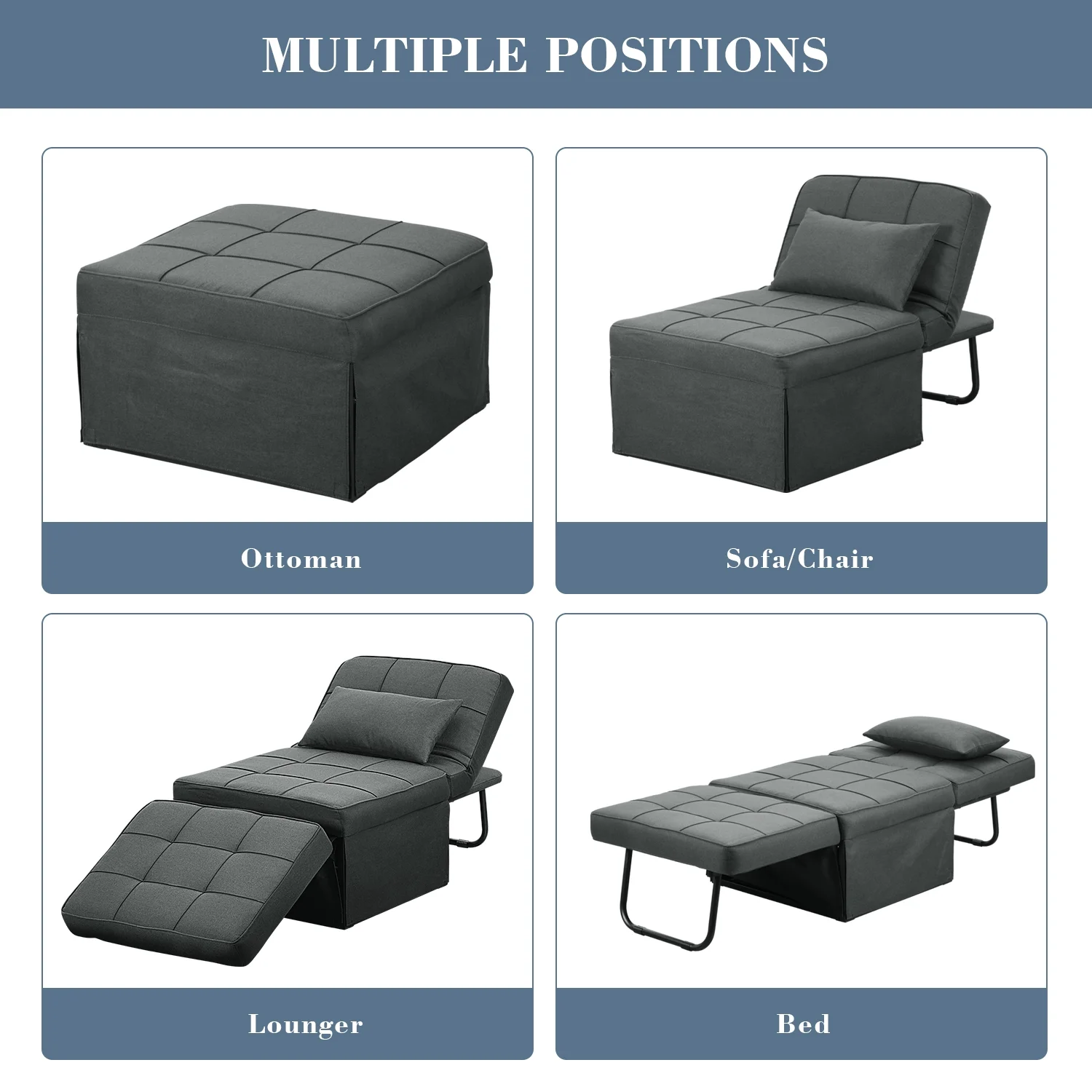 Ainfox Folding Sofa Bed, Convertible Ottoman Chair Chaise Sofa Bed 4 in 1 Multi-Function Modern Breathable Linen Couch Bed Guest Bed Lounge with Adjustable Sleeper ,Dark Grey